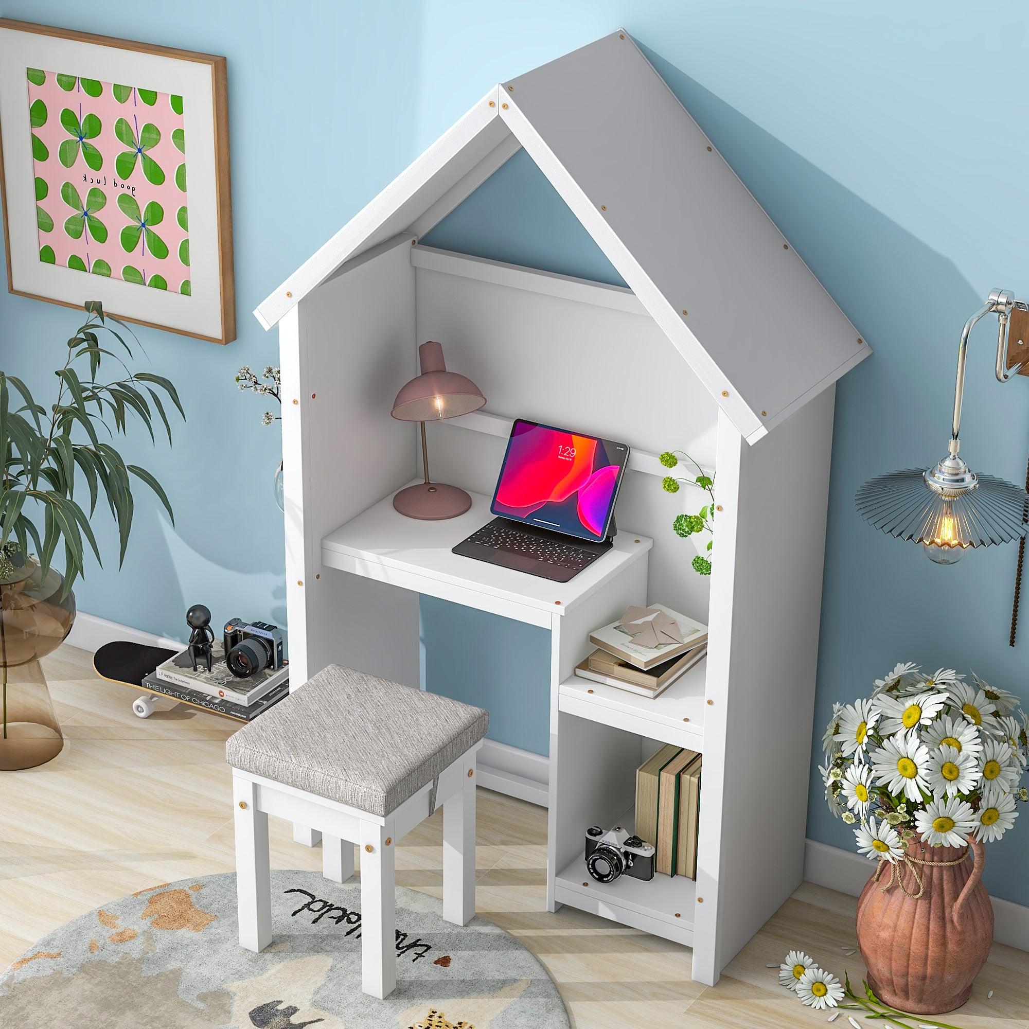 House-Shaped Desk With A Cushion Stool, White