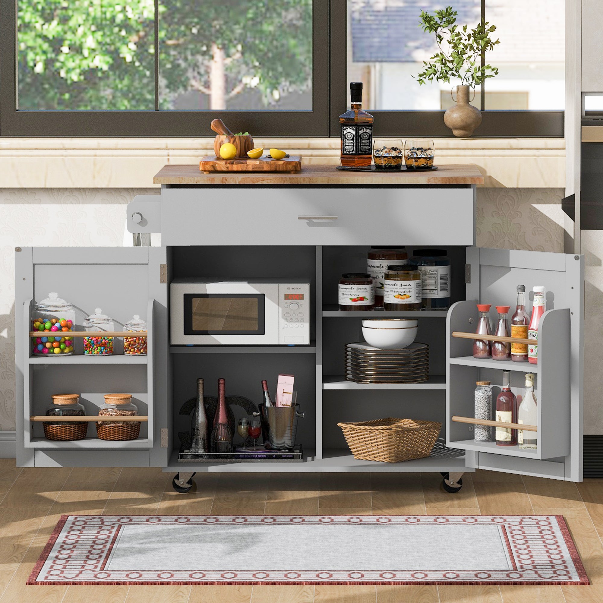 🆓🚛 Rolling Kitchen Island With Storage, Kitchen Cart With Rubber Wood Top, Spacious Drawer With Divider and Internal Storage Rack, Kitchen Island On Wheels With Adjustable Shelf Tower Rack, Gray