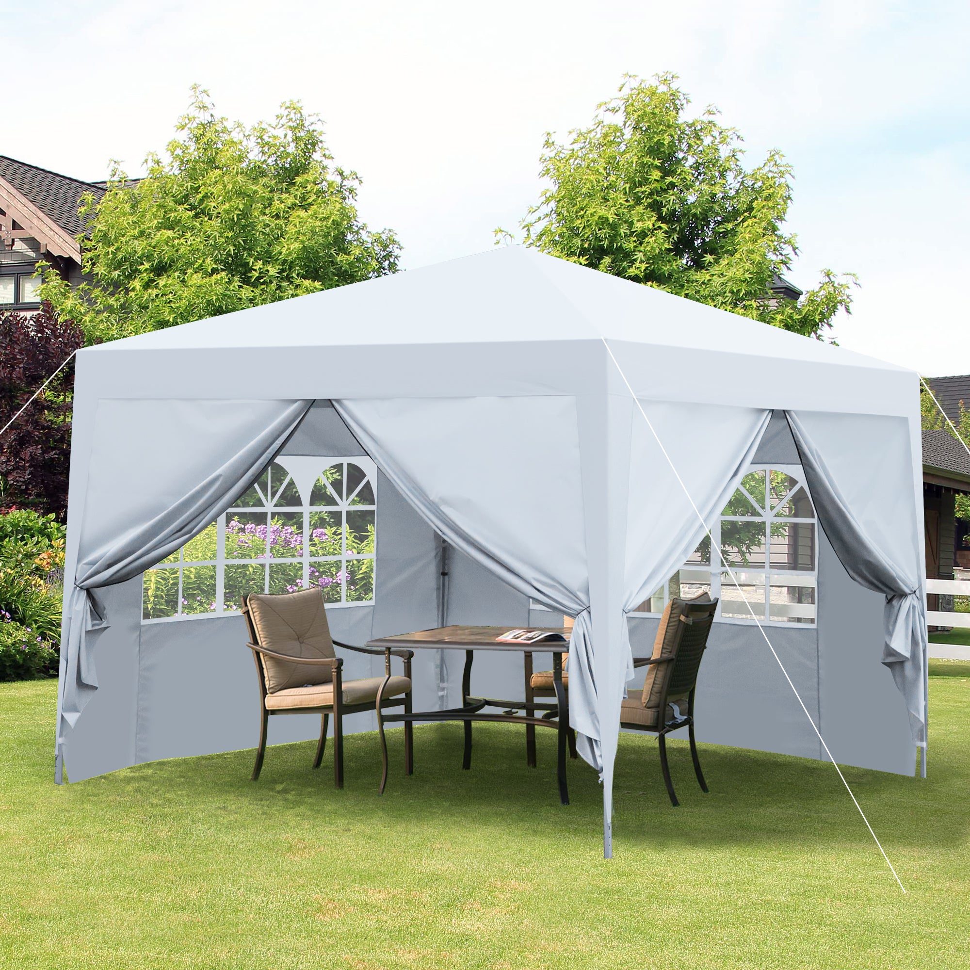 🆓🚛 Outdoor 10x 10Ft Pop Up Gazebo Canopy Tent, Removable Sidewall with Zipper, 2pcs Sidewall with Windows, with 4pcs Weight Sand Bags & Carry Bag, White