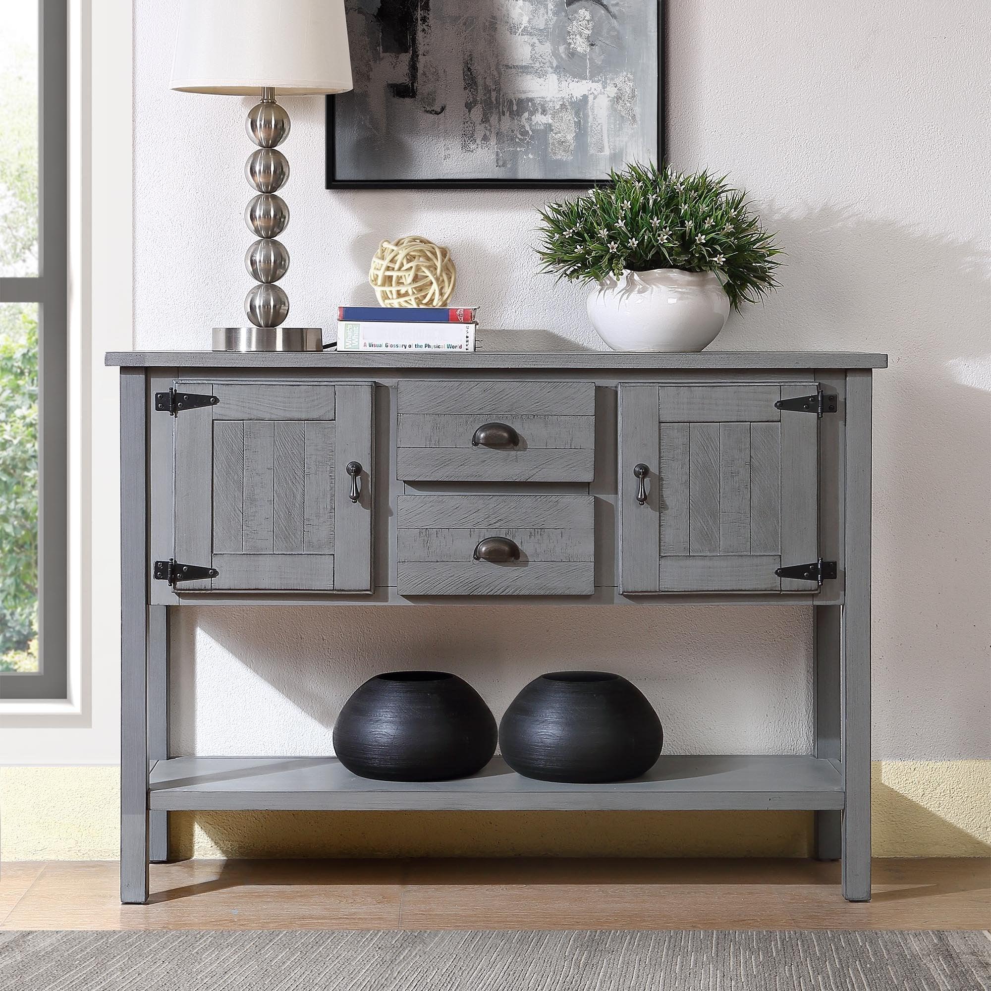 48'' Solid Wood Sideboard Console Table With 2 Drawers And Cabinets And Bottom Shelf, Retro Style Storage Dining Buffet Server Cabinet For Living Room Kitchen Dining Room(Antique Gray) LamCham