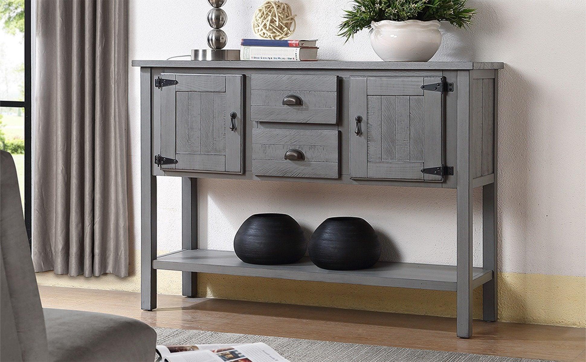 48'' Solid Wood Sideboard Console Table With 2 Drawers And Cabinets And Bottom Shelf, Retro Style Storage Dining Buffet Server Cabinet For Living Room Kitchen Dining Room(Antique Gray) LamCham