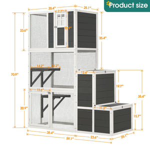 3-Tier Wooden Outdoor   &   Indoor Cat House Suitable For 1-3 Cats Cat Enclosure Resting Box With 4 Platforms And 2 Doors Cat Shelter Kitty House With A Jump Box For Hiding And Resting Cat Cage 71" H-Gray