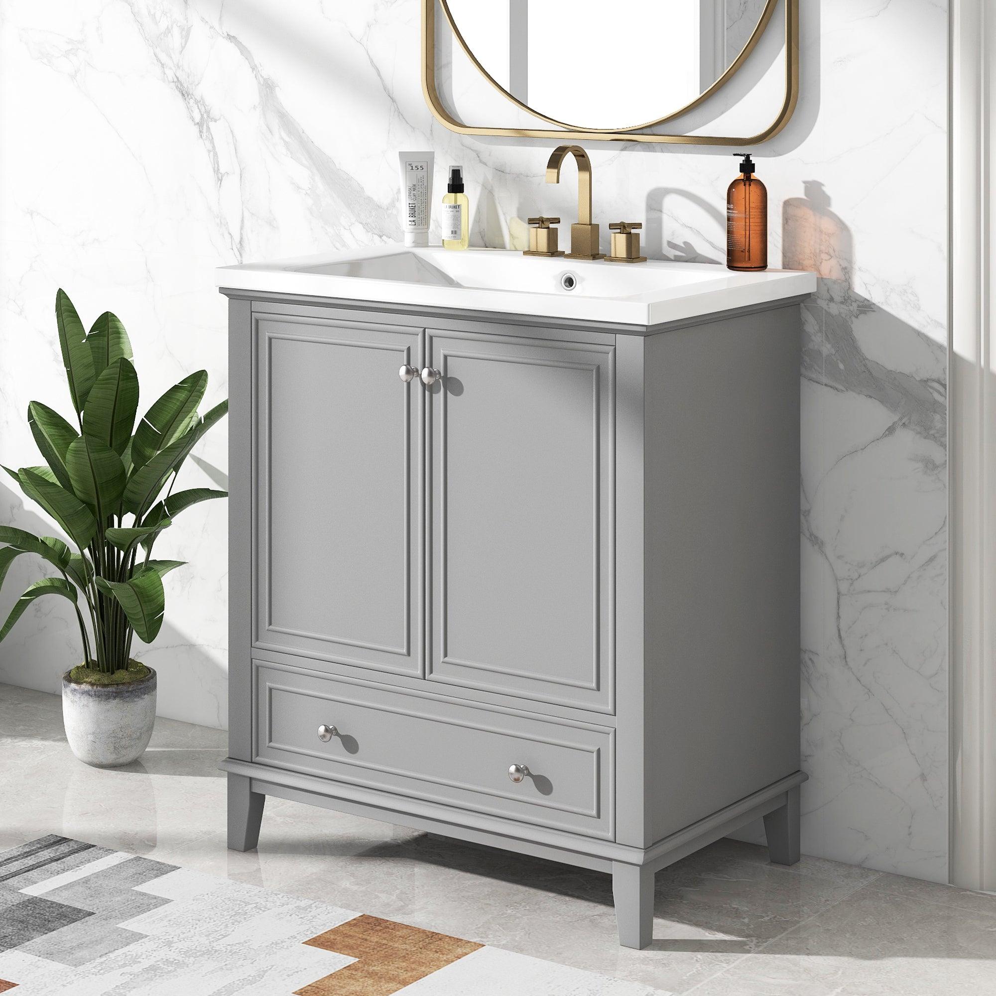 🆓🚛 30" Bathroom Vanity With Sink Combo, Multi-Functional Bathroom Cabinet With Doors & Drawer, Solid Frame & Mdf Board, Gray