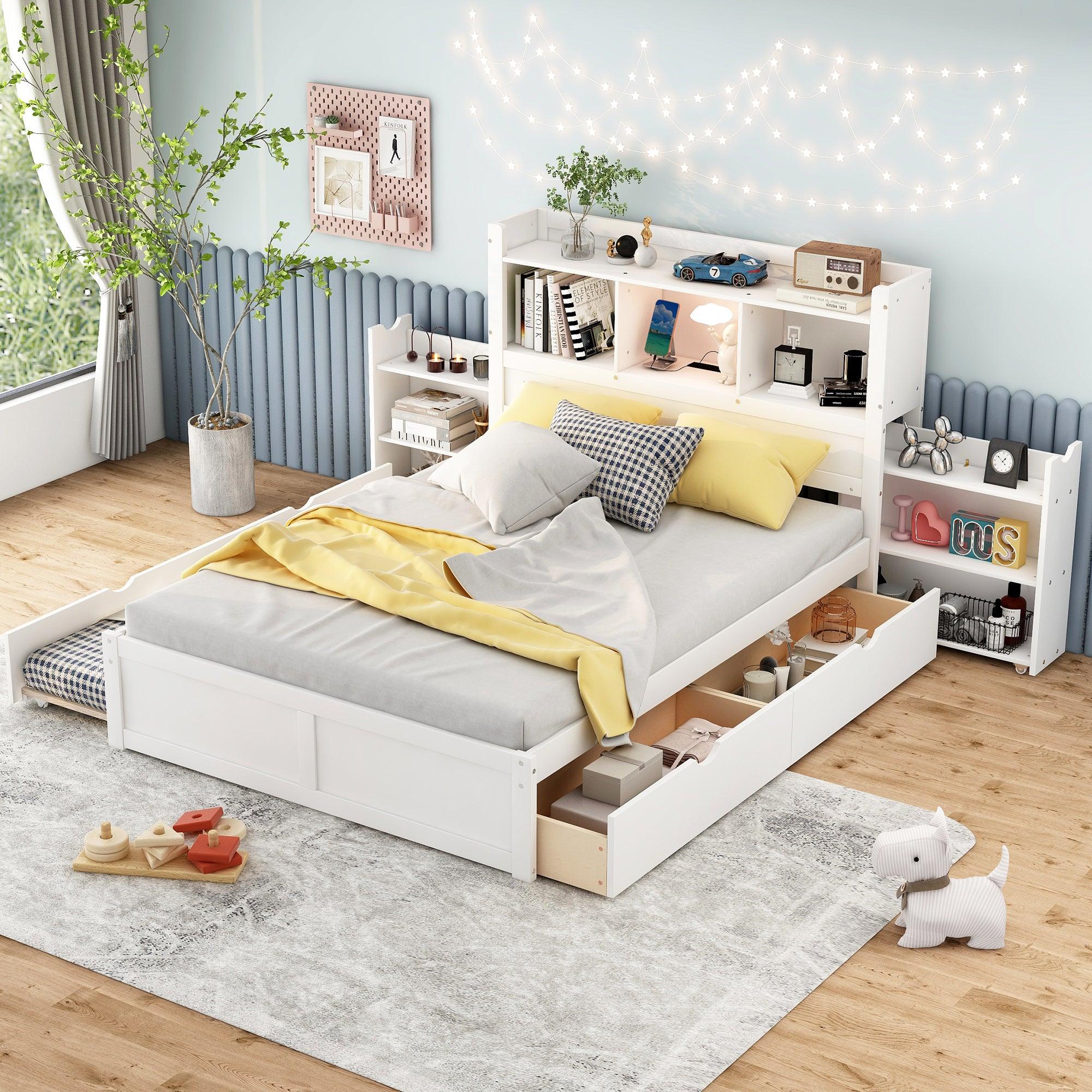 Full Size Storage Platform Bed with Pull Out Shelves, Twin Size Trundle and 2 Drawers, White