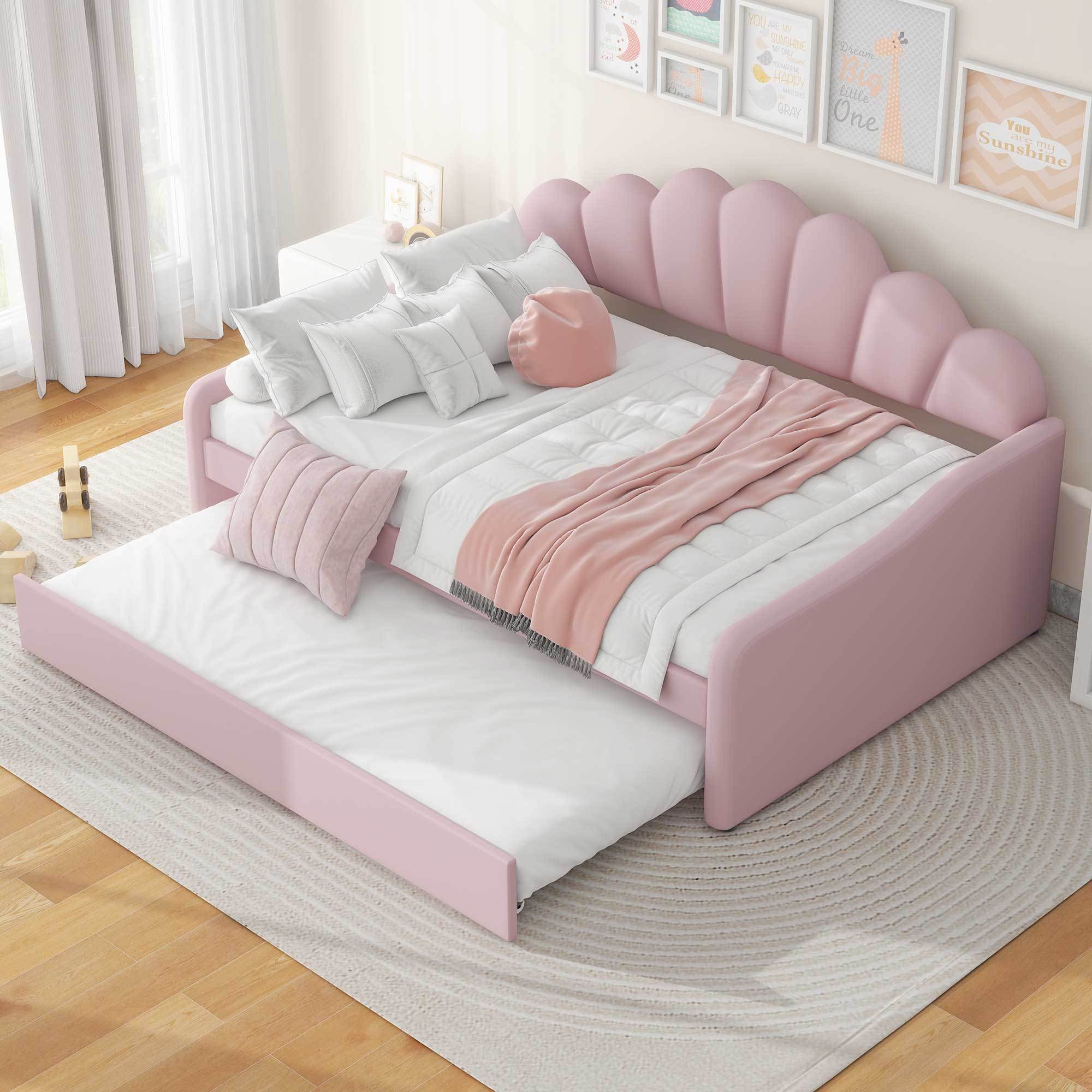 🆓🚛 Full Size Upholstery Daybed Frame With Shall Shaped Backrest and Trundle, Pink
