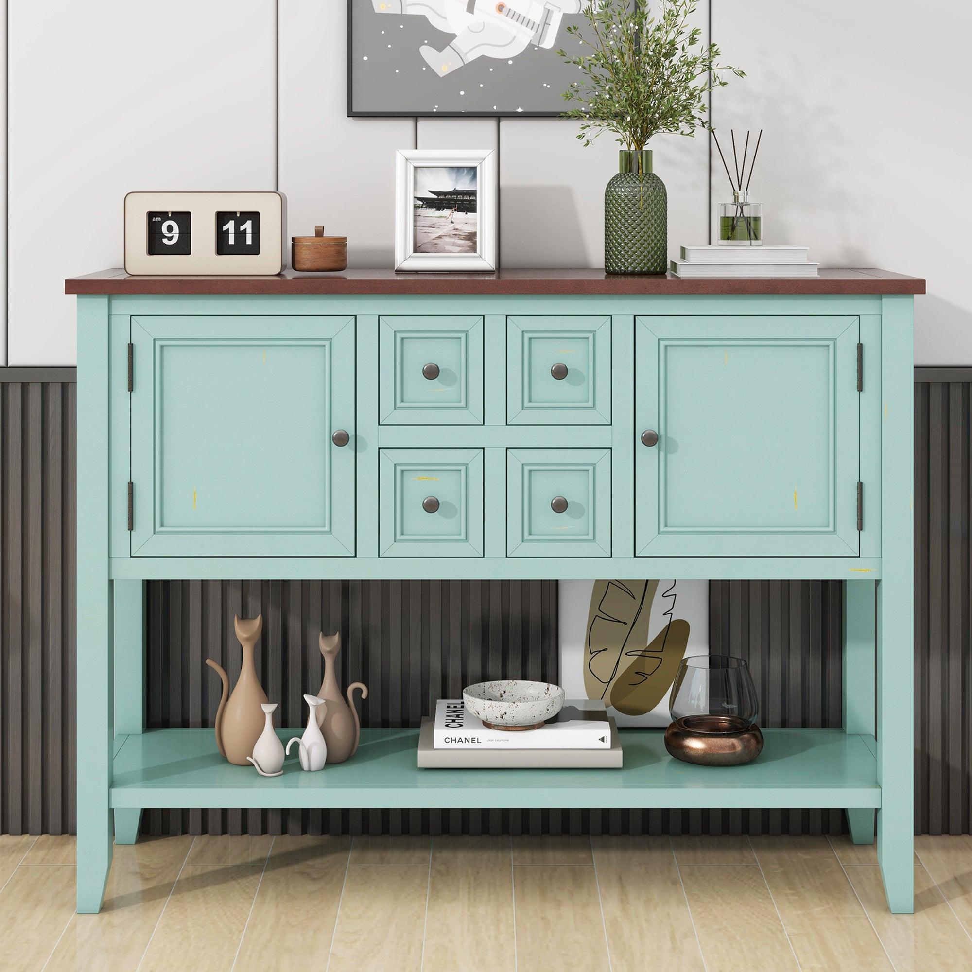 🆓🚛 Cambridge Series Ample Storage Vintage Console Table With Four Small Drawers & Bottom Shelf for Living Rooms, Entrances & Kitchens, Retro Blue