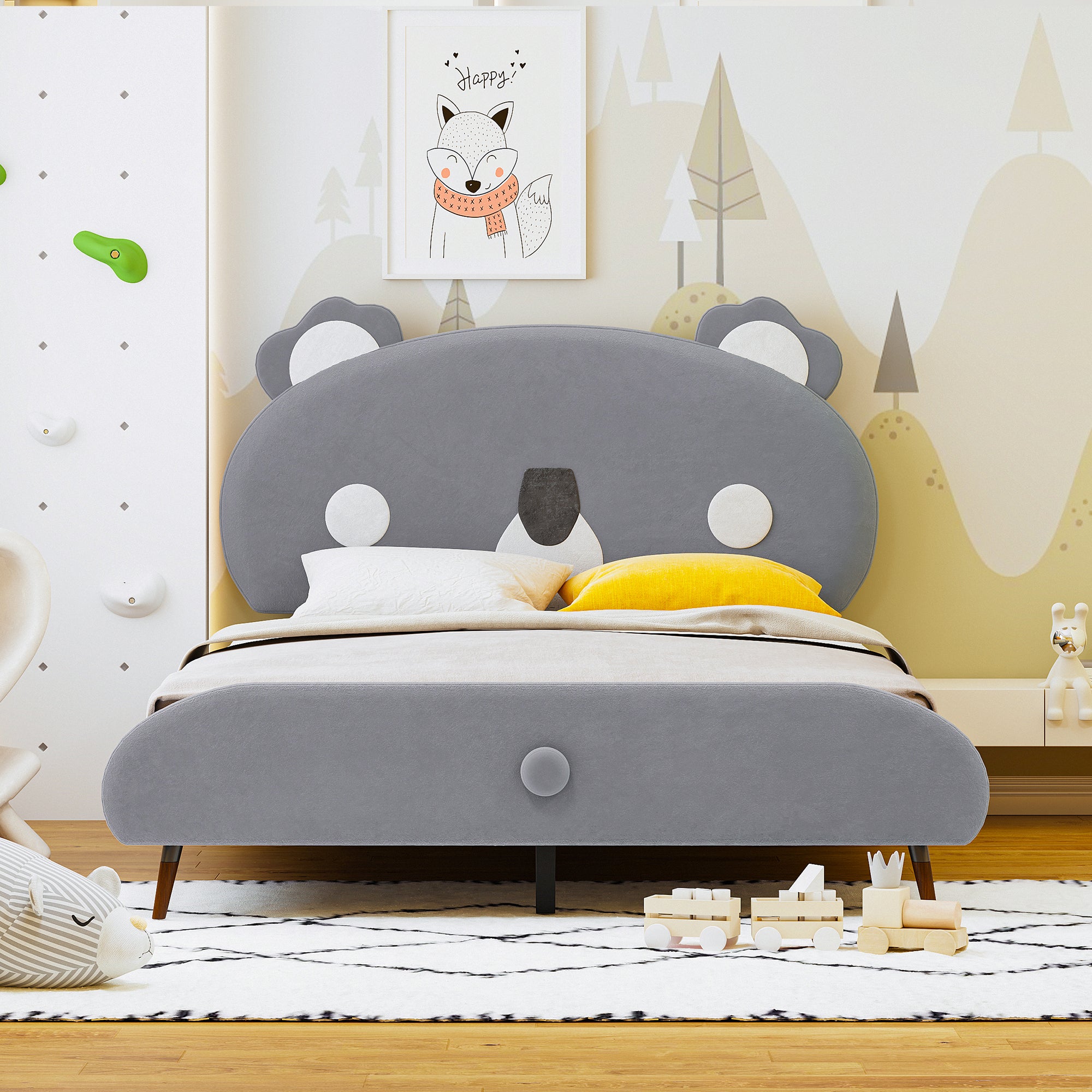 🆓🚛 Full Size Upholstered Platform Bed With Koala-Shaped Headboard, Gray