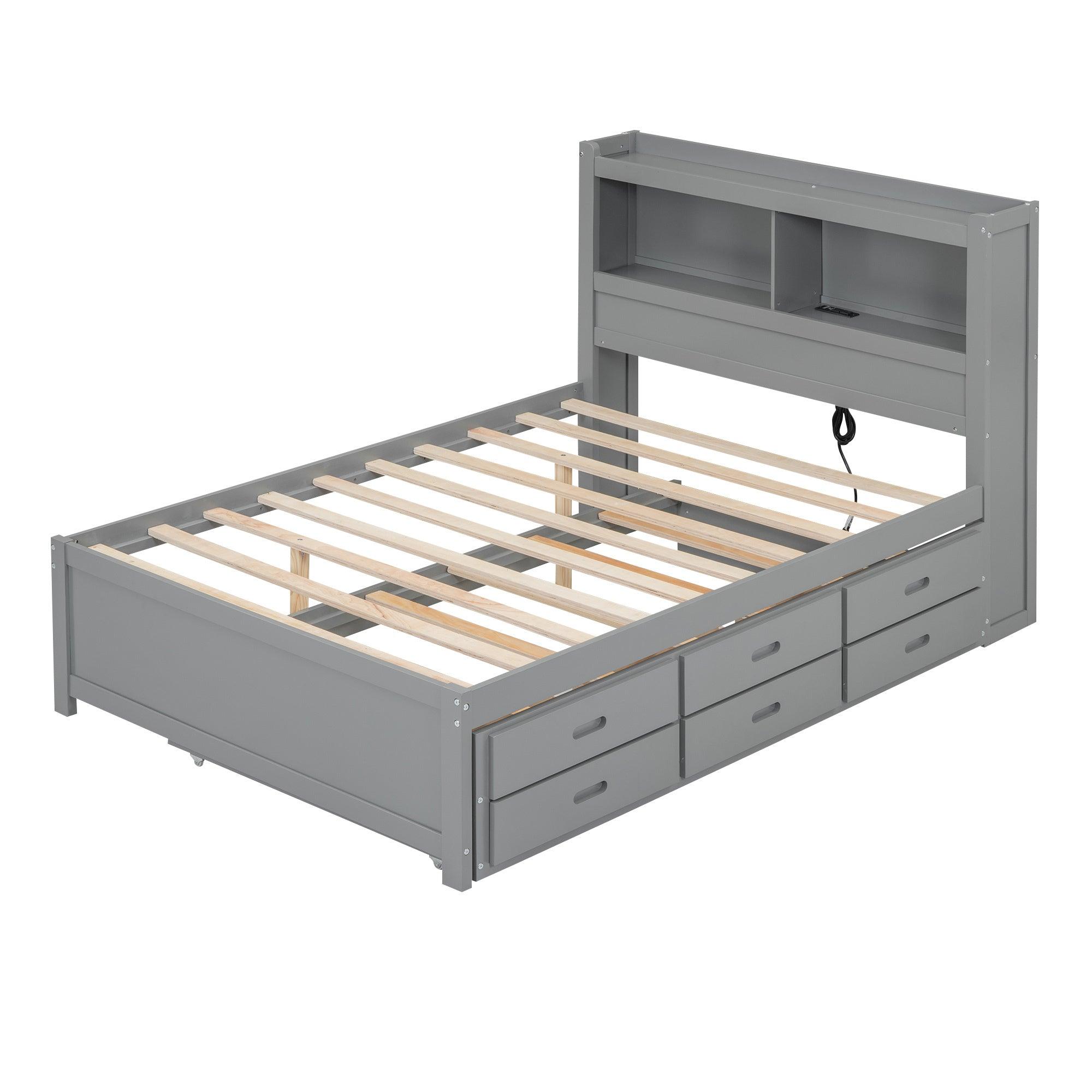 Full Size platform bed with trundle, drawers and USB plugs, Gray