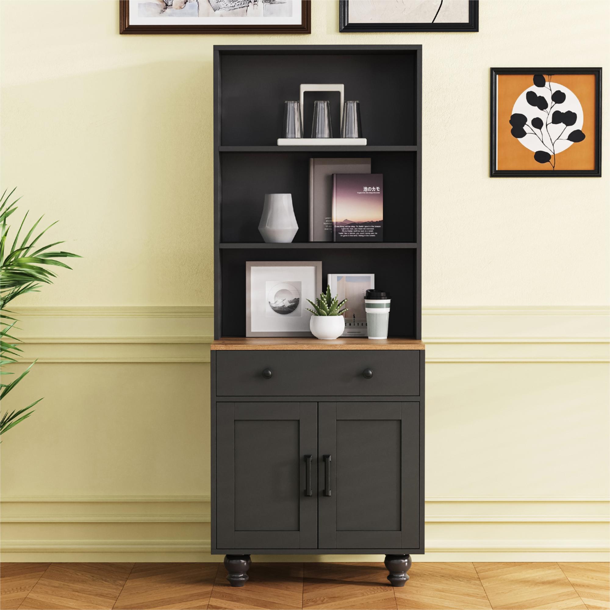 Farmhouse Storage Cabinet With 4 Solid Wood Gourd-Shaped Legs, Modern Kitchen Pantry Cabinet With Adjustable Shelves, 5 Tier Bookshelf With Drawer for Living Room, Black