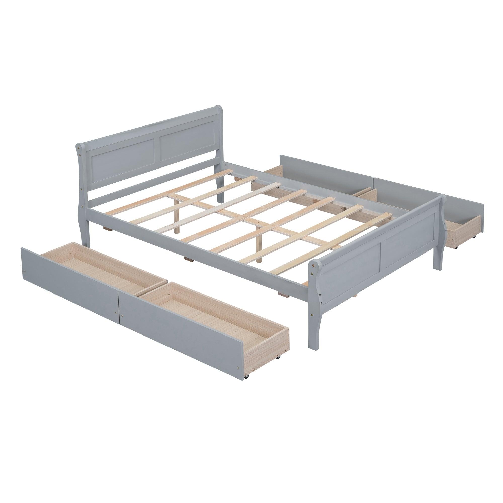 Full Size Wood Platform Bed with 4 Drawers and Streamlined Headboard & Footboard, Gray