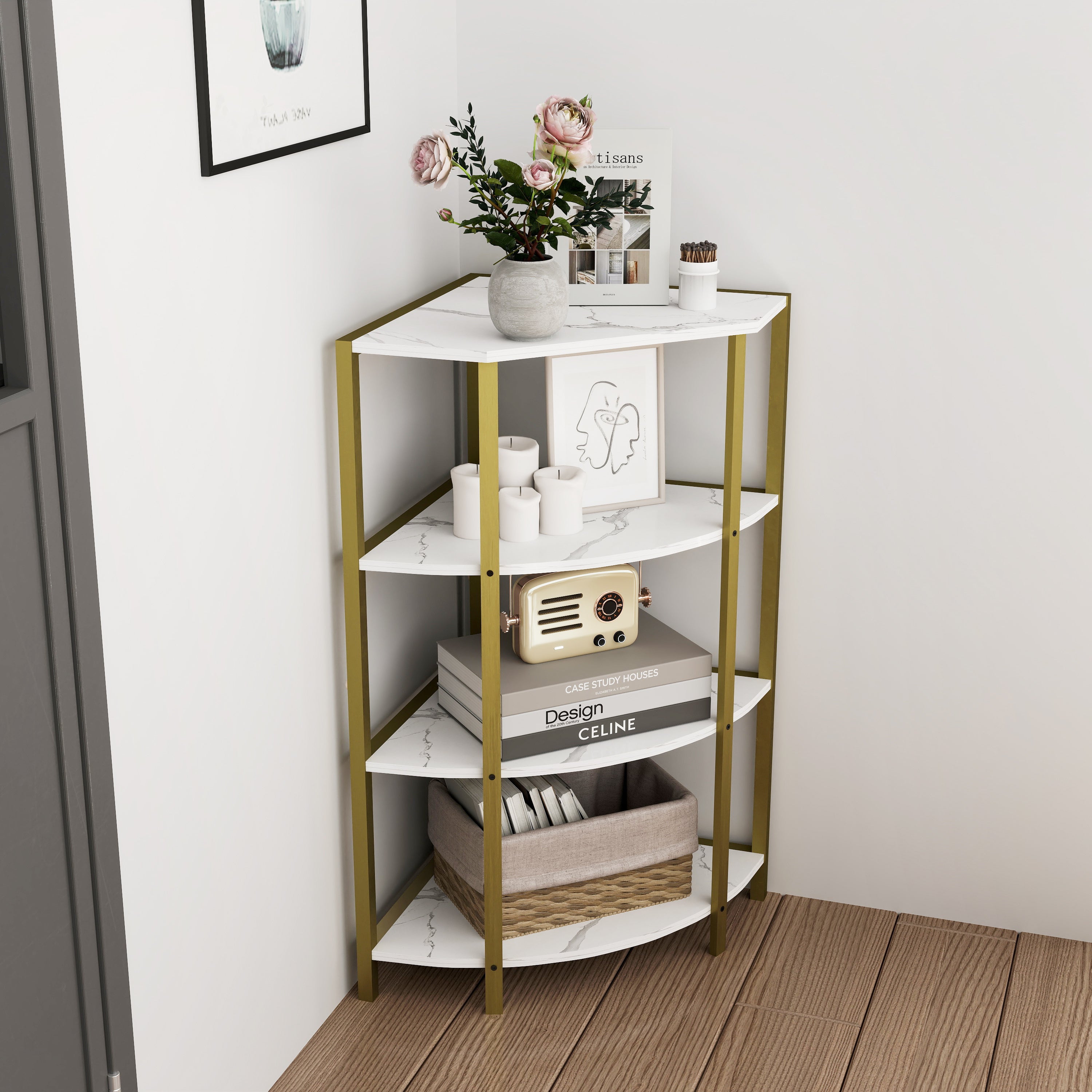 4-Tier Corner Open Shelf, Bookcase Freestanding Shelving Unit, Plant Stand Small Bookshelf for Living Room, Home Office, Kitchen, Small Space