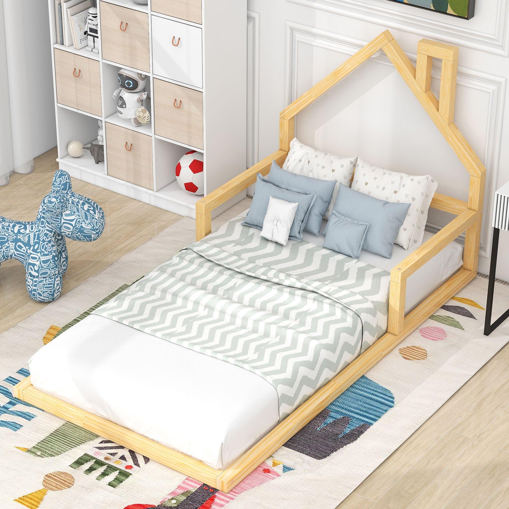 🆓🚛 Twin Size Wood Floor Bed With House-Shaped Headboard, Natural