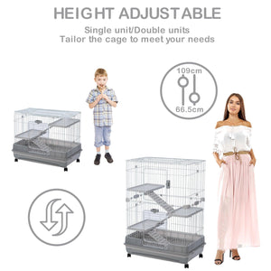 4-Tier 32" Small Animal Metal Cage Height Adjustable With Lockable Casters  Grilles Pull-Out Tray For Rabbit Chinchilla Ferret Bunny Guinea Pig Squirrel Hedgehog, GREY