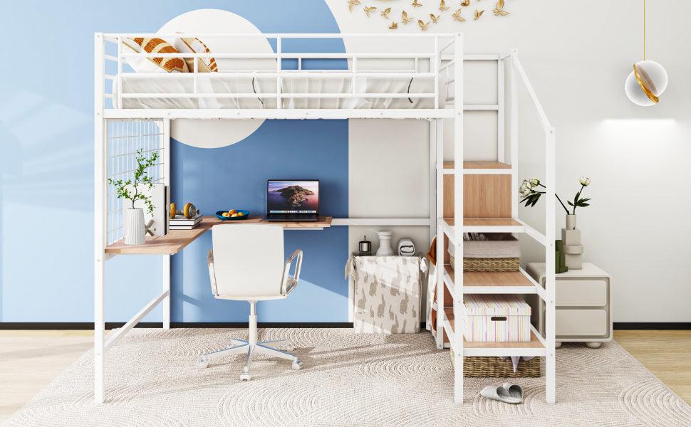 Full Size Metal Loft Bed with Desk and Metal Grid, Stylish Metal Frame Bed with Lateral Storage Ladder and Wardrobe, White