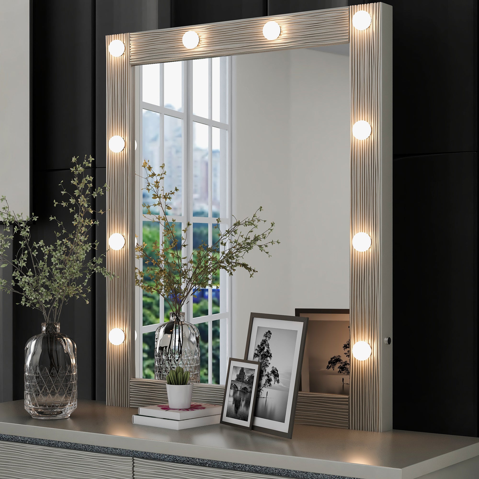 🆓🚛 Luxury Vanity Mirror With Led Lights, Rectangular Framed Make Up Mirror for Bedroom Living Room, Champagne Silver