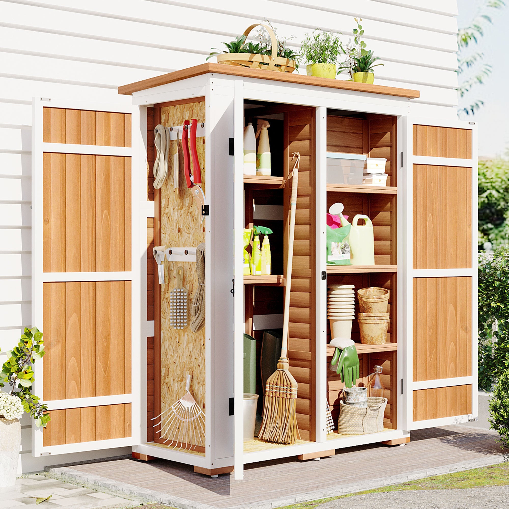 🆓🚛 Outdoor 5.5Ft H x 4.1Ft L Wood Storage Shed, Garden Tool Cabinet With Waterproof Asphalt Roof, Four Lockable Doors, Multiple-Tier Shelves, Natural