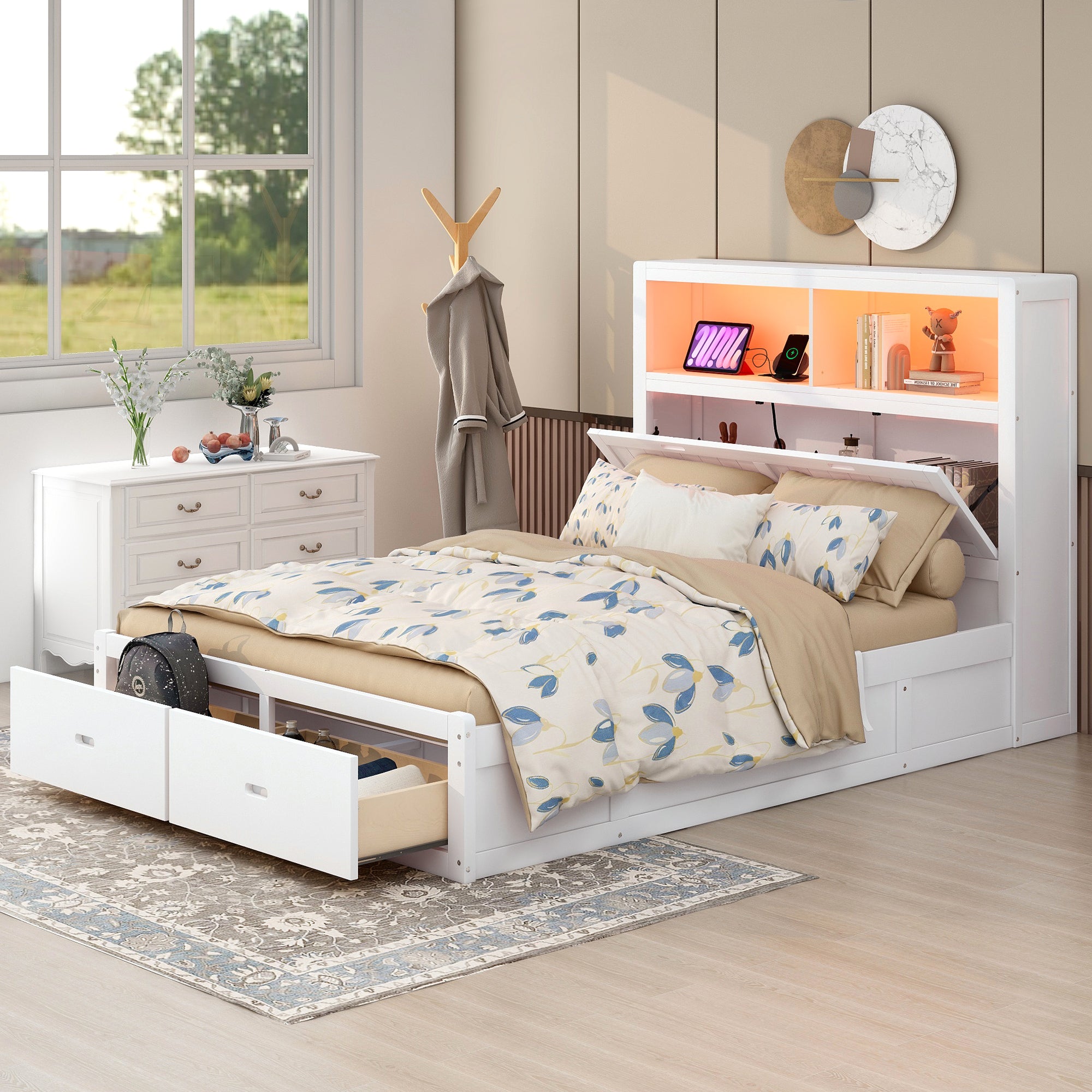 🆓🚛 Wood Queen Size Hydraulic Platform Bed with Storage LED Headboard, Charging Station and 2 Drawers, White