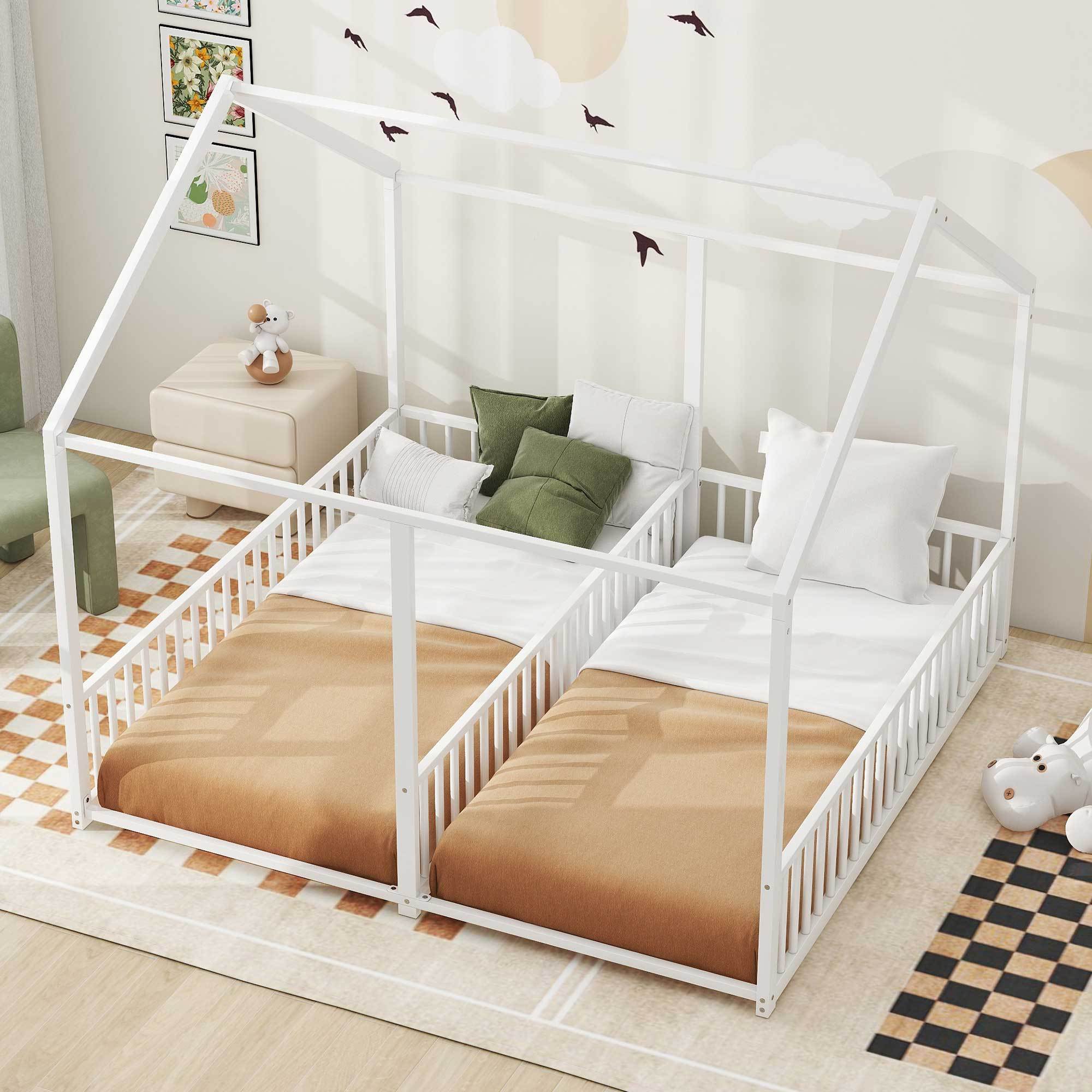 🆓🚛 Metal Twin Size House Platform Beds, Two Shared Beds, White