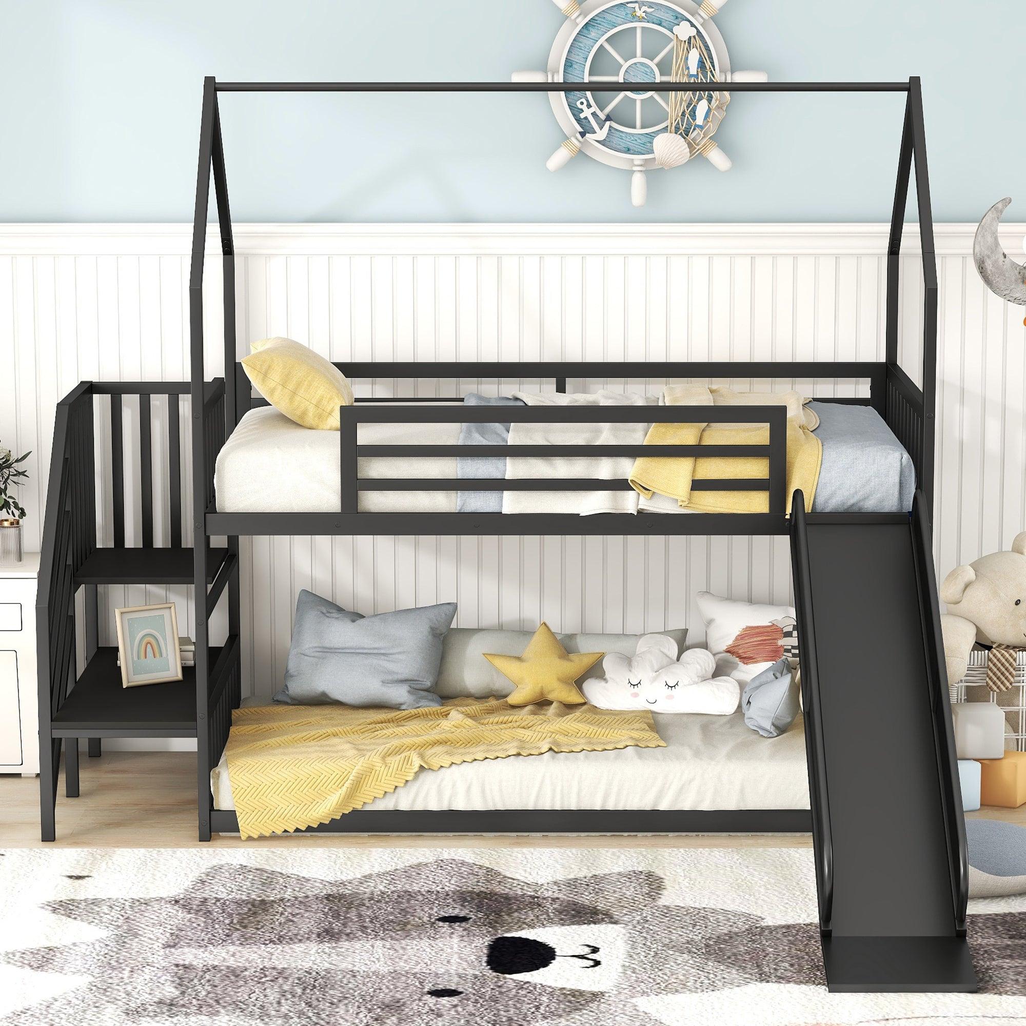 🆓🚛 Twin Size Metal Bunk Bed House Bed With Slide & Staircase, Black