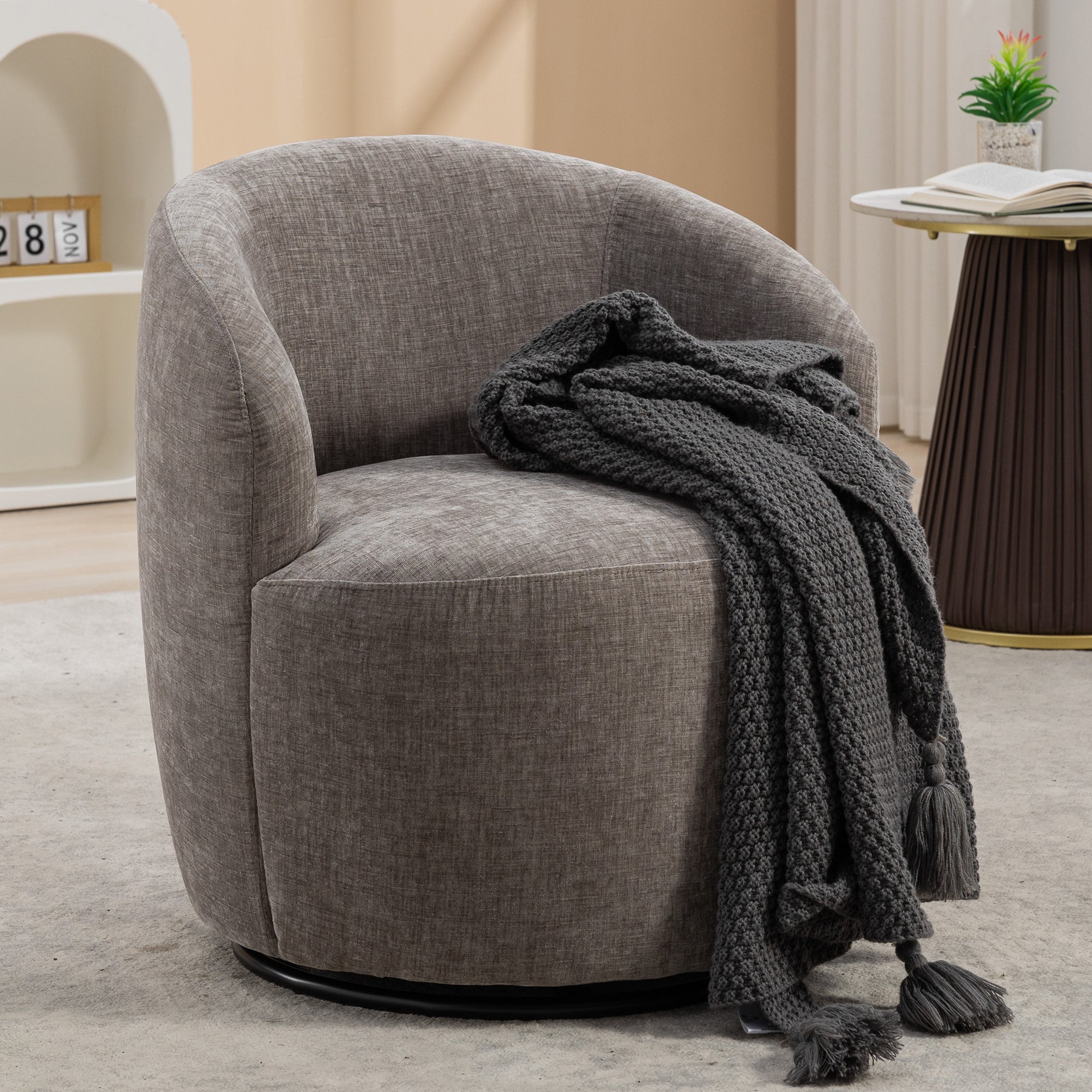🆓🚛 Chenille Fabric Swivel Accent Armchair Barrel Chair With Black Powder Coating Metal Ring, Gray