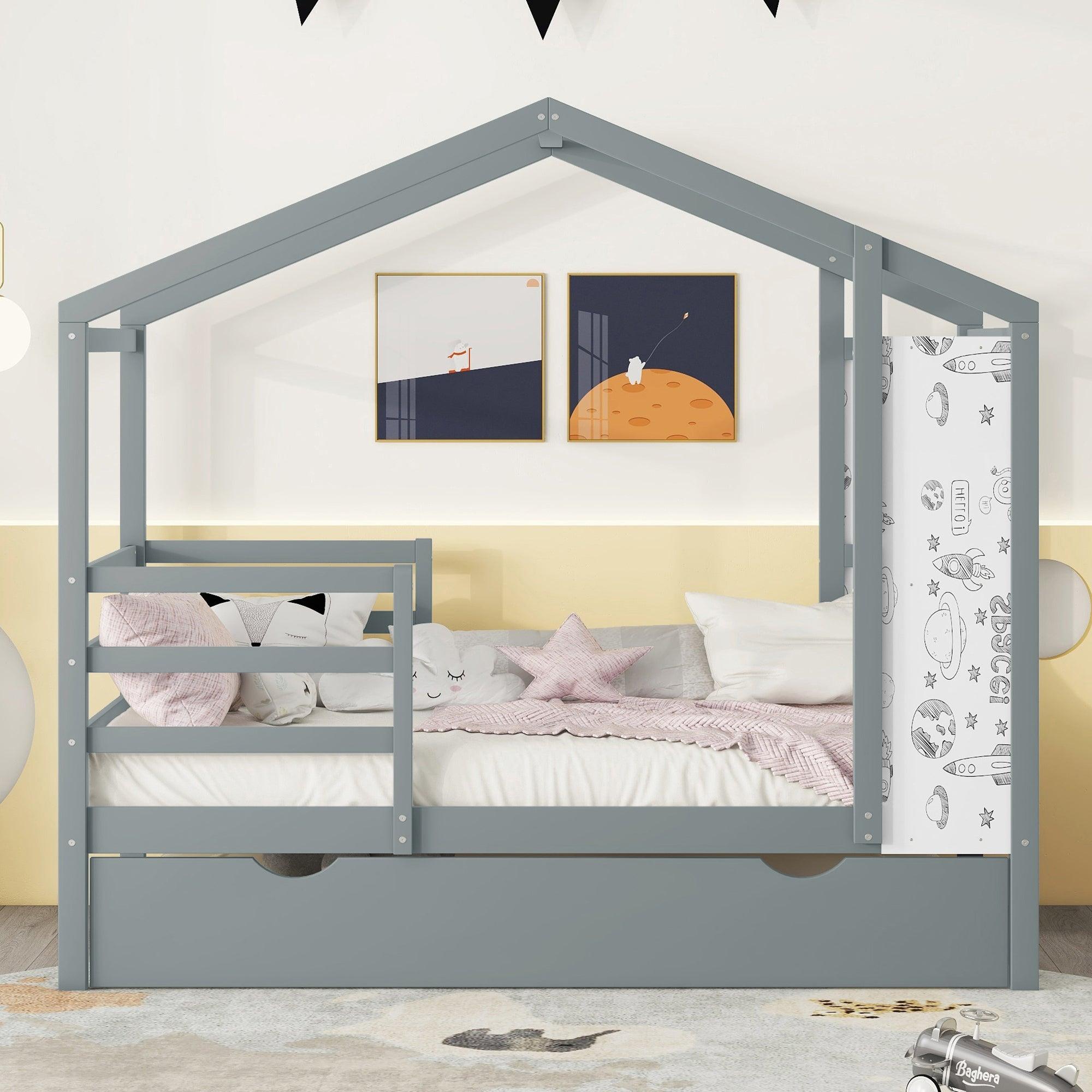 🆓🚛 Twin Size Wood House Bed With Fence & Writing Board, Gray