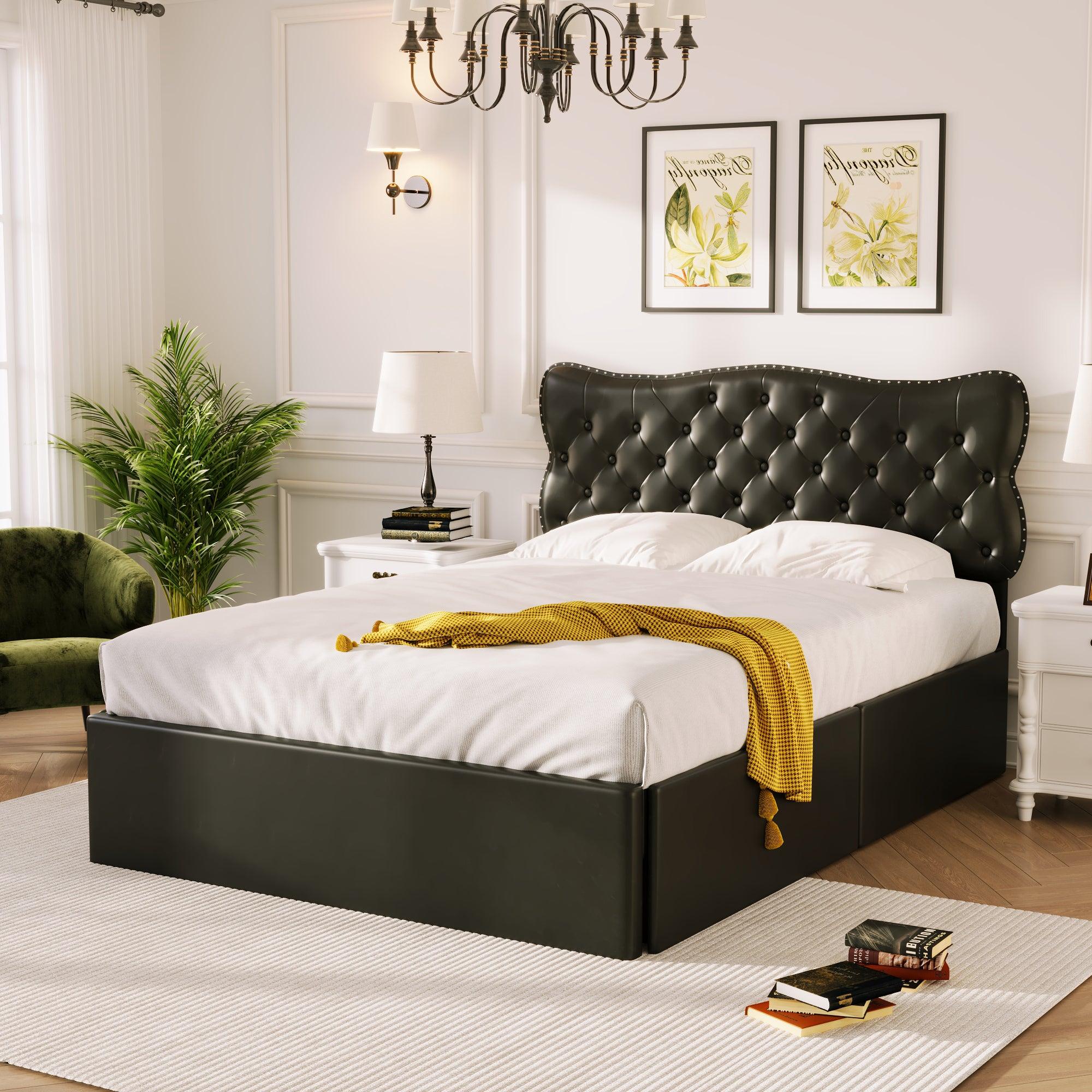 🆓🚛 Full Size Bed Frame With 4 Storage Drawers, Faux Leather Upholstered Platform Heavy Duty Bed, Wood Slat Support, Black