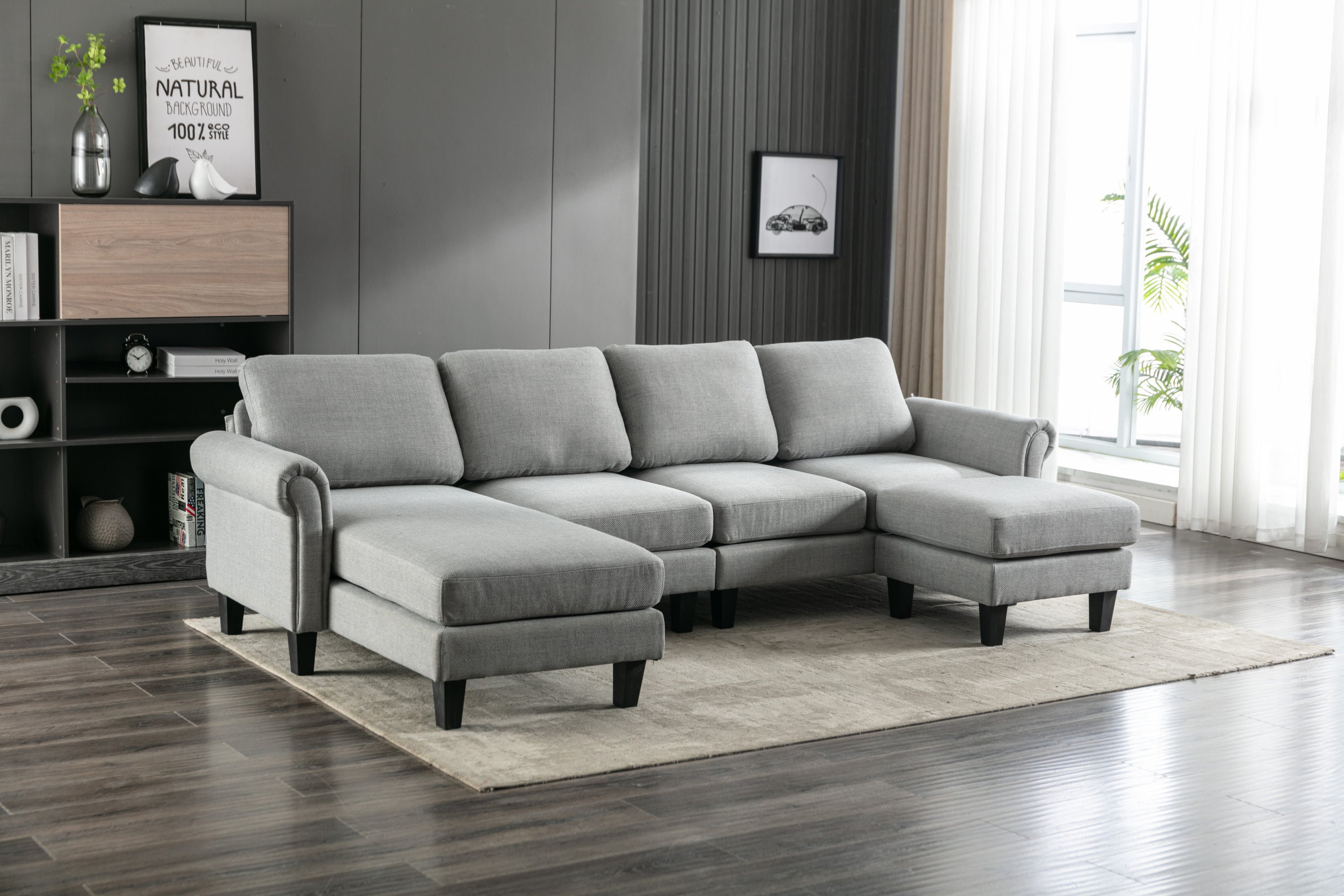 🆓🚛 108" L-Shaped 4-Seater Sectional Sofa Couch With Ottoman, Light Gray