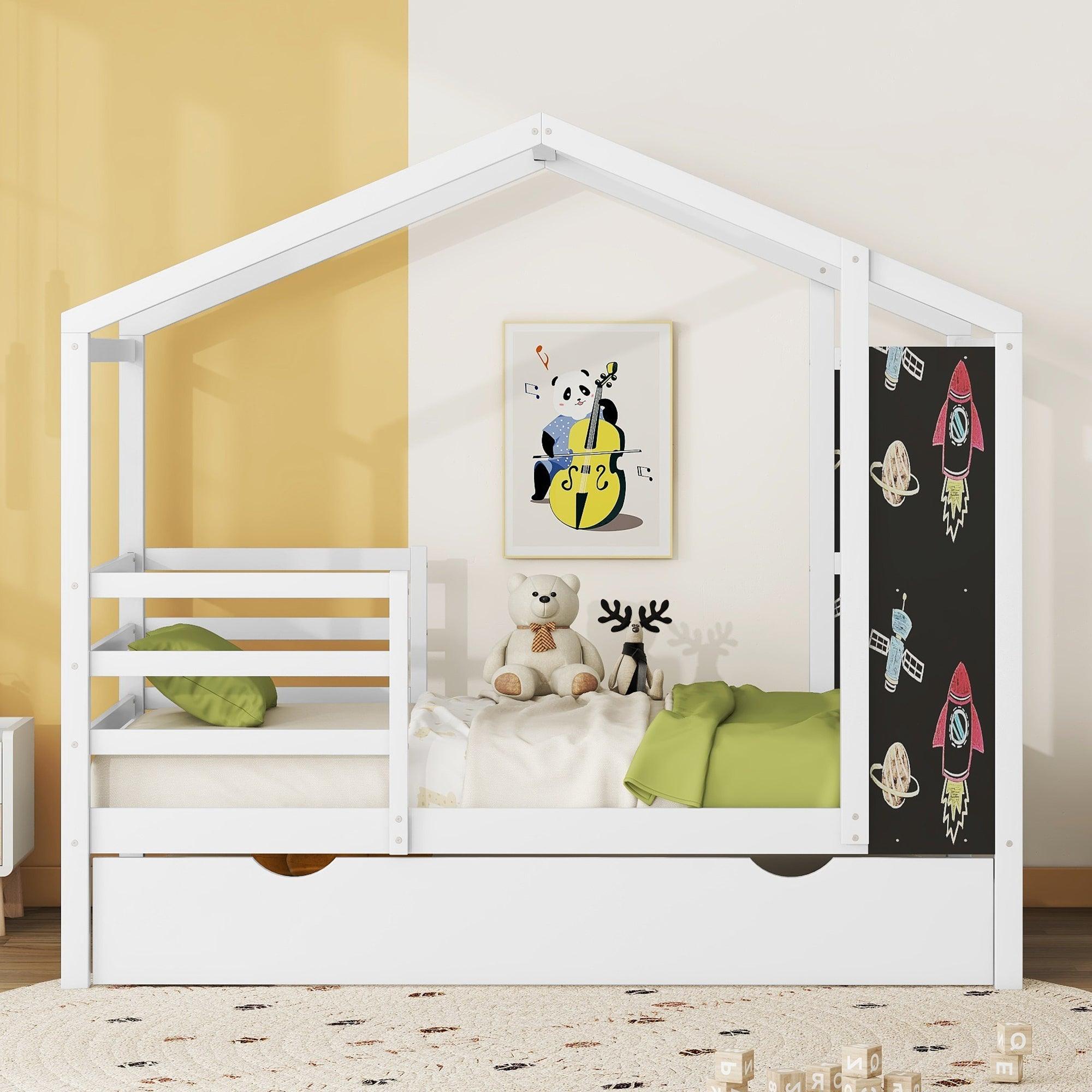 🆓🚛 Twin Size Wood House Bed With Fence & Writing Board, White