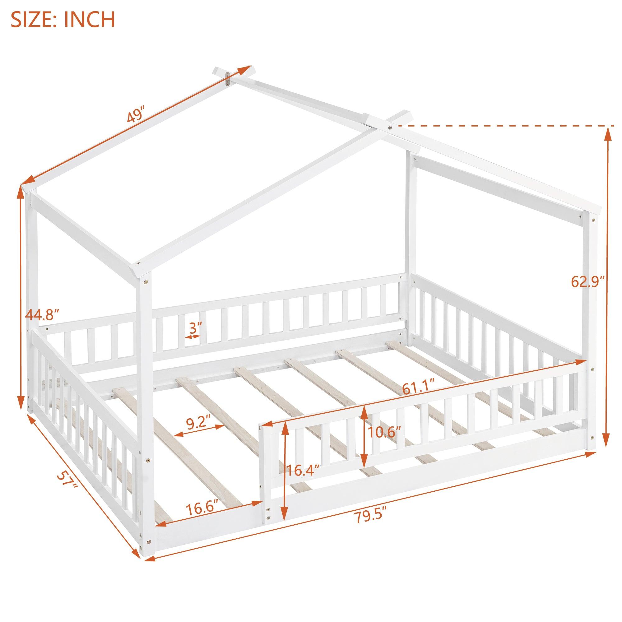 Full Size Wood Bed House Bed Frame with Fence, for Kids, Teens, Girls, Boys, White