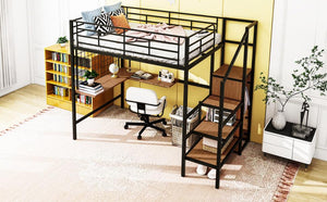 Full Size Metal Loft Bed with Desk and Metal Grid, Stylish Metal Frame Bed with Lateral Storage Ladder and Wardrobe, Black