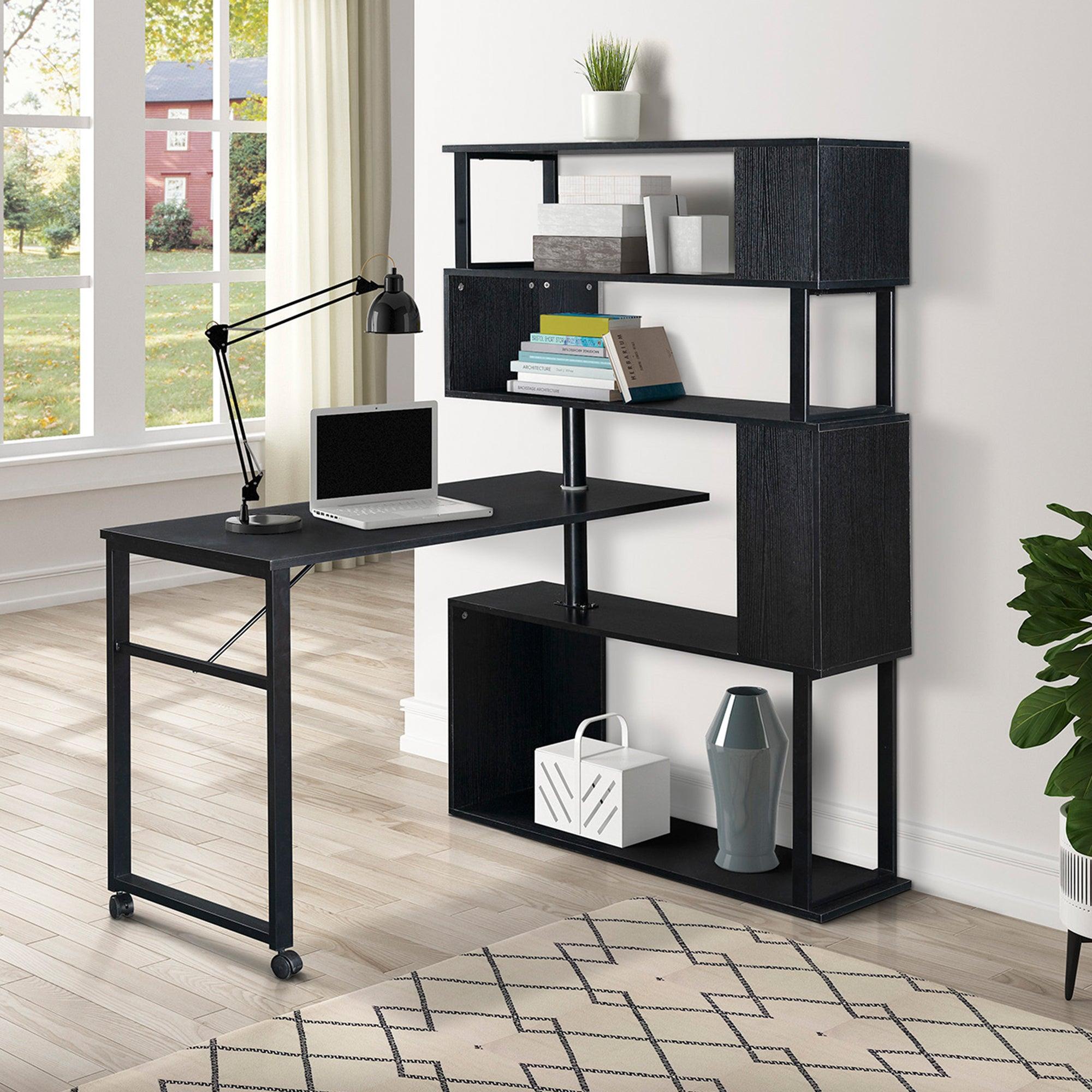 🆓🚛 Home Office Computer Desk L-Shaped Corner Table, Rotating Computer Table With 5-Tier Bookshelf, Four Installation Methods, Lockable Casters (Black)