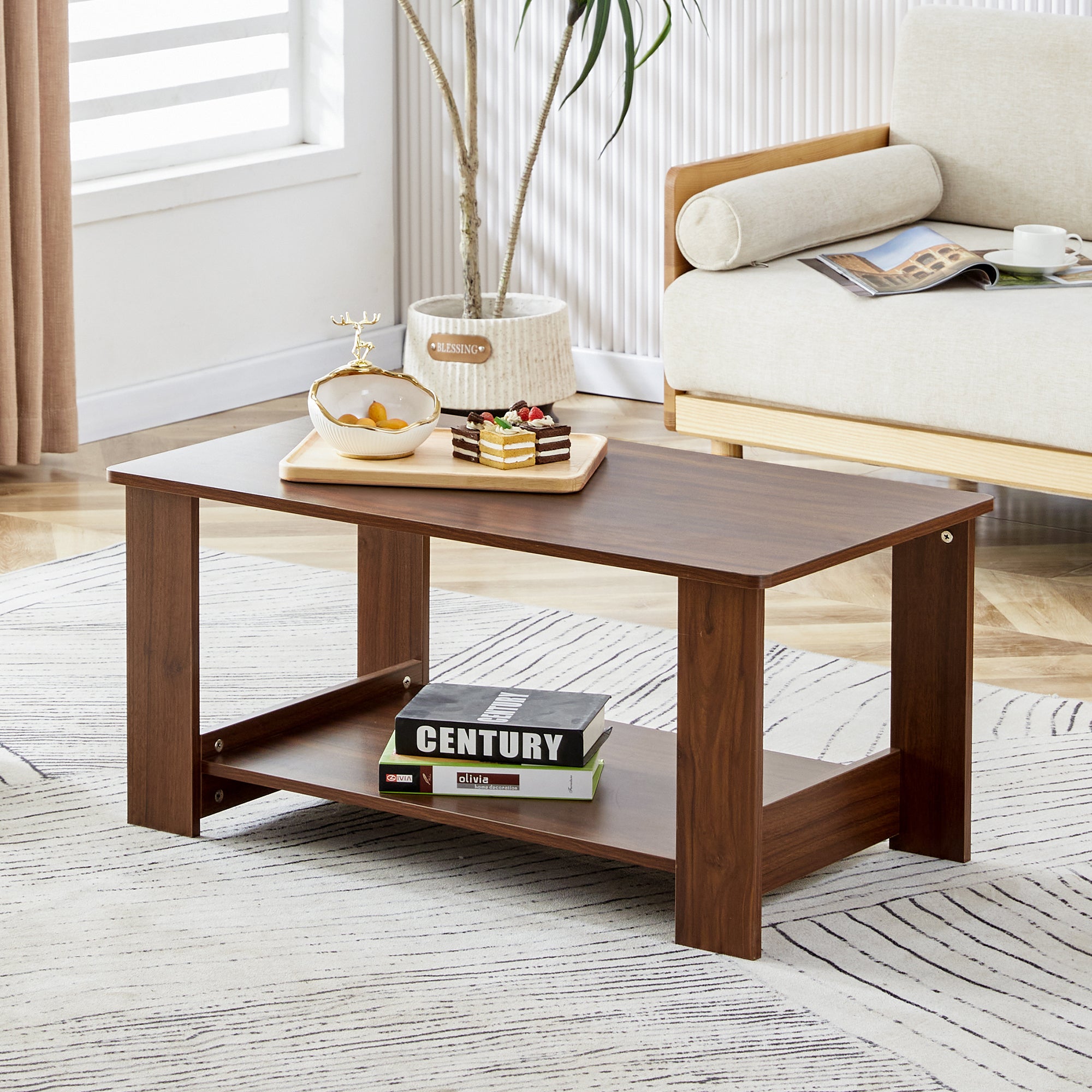 Modern Minimalist Walnut Colored Double Layered Rectangular Coffee Table, Tea Table.Mdf Material Is More Durable, Suitable for Living Room, Bedroom, and Study Room.19.6"*35.4"*16.5" Ct-16