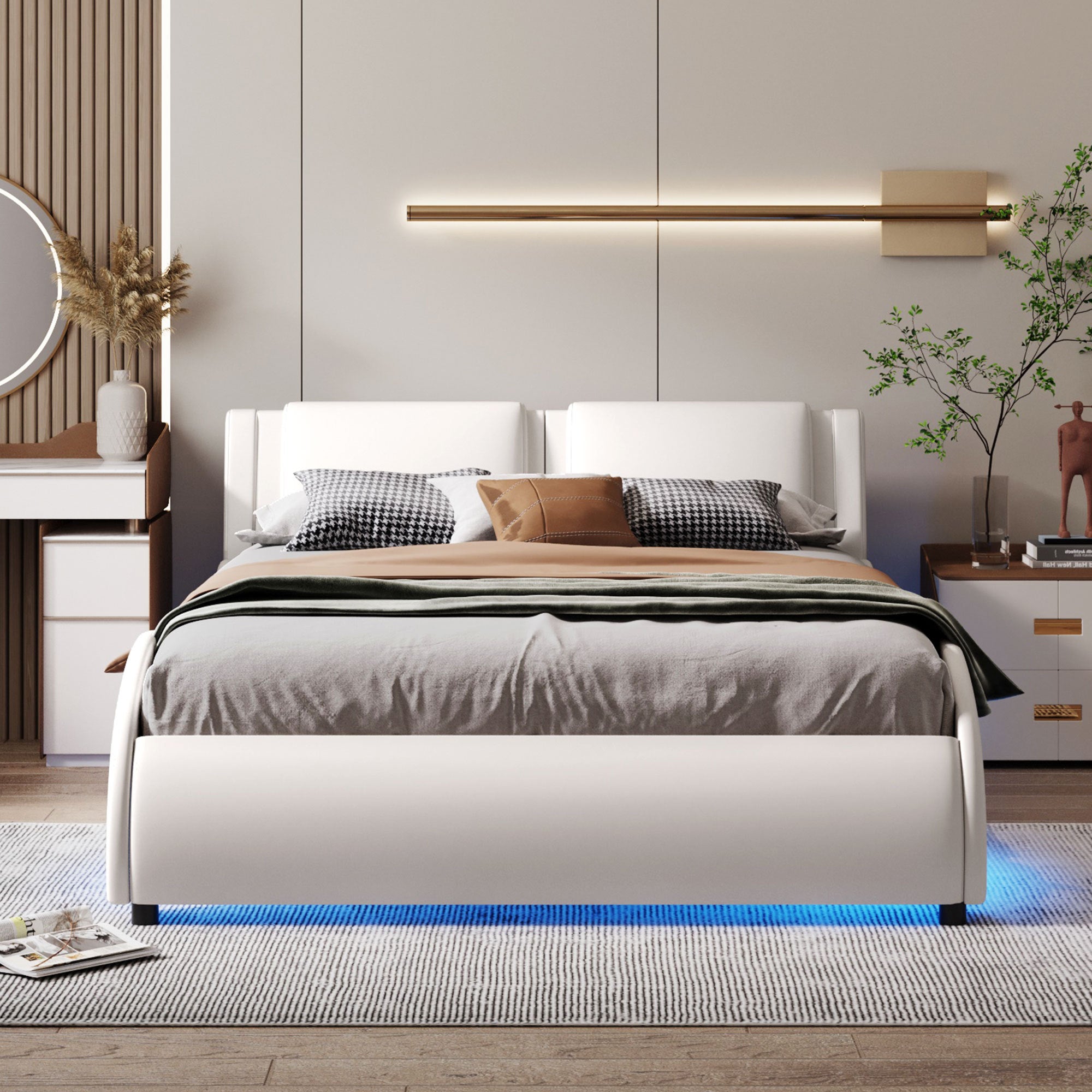 Full Size Upholstered Faux Leather Platform Bed with LED Light Bed Frame with Slatted, White