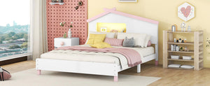 Full Size Wood Platform Bed with House-shaped Headboard and Motion Activated Night Lights (White+Pink)