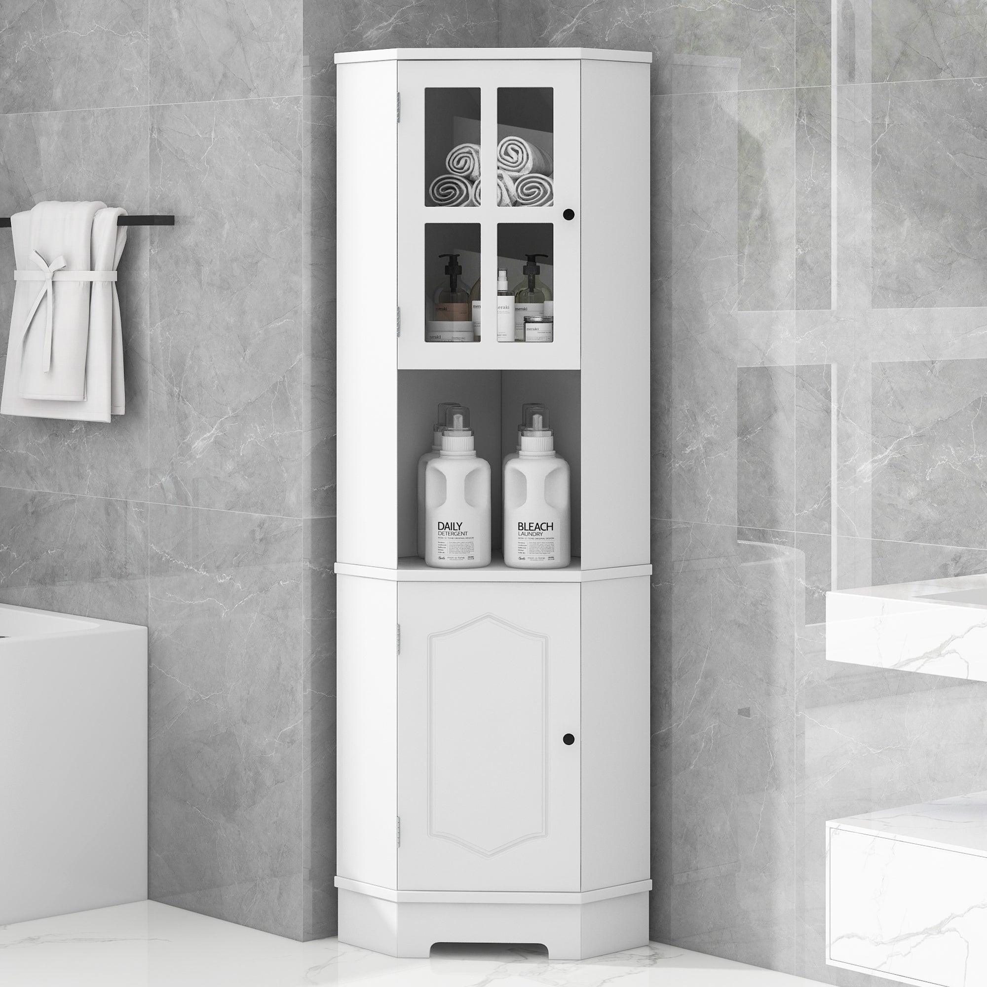 🆓🚛 Tall Bathroom Storage Cabinet, Corner Cabinet With Glass Door, Open Storage, Adjustable Shelf, White