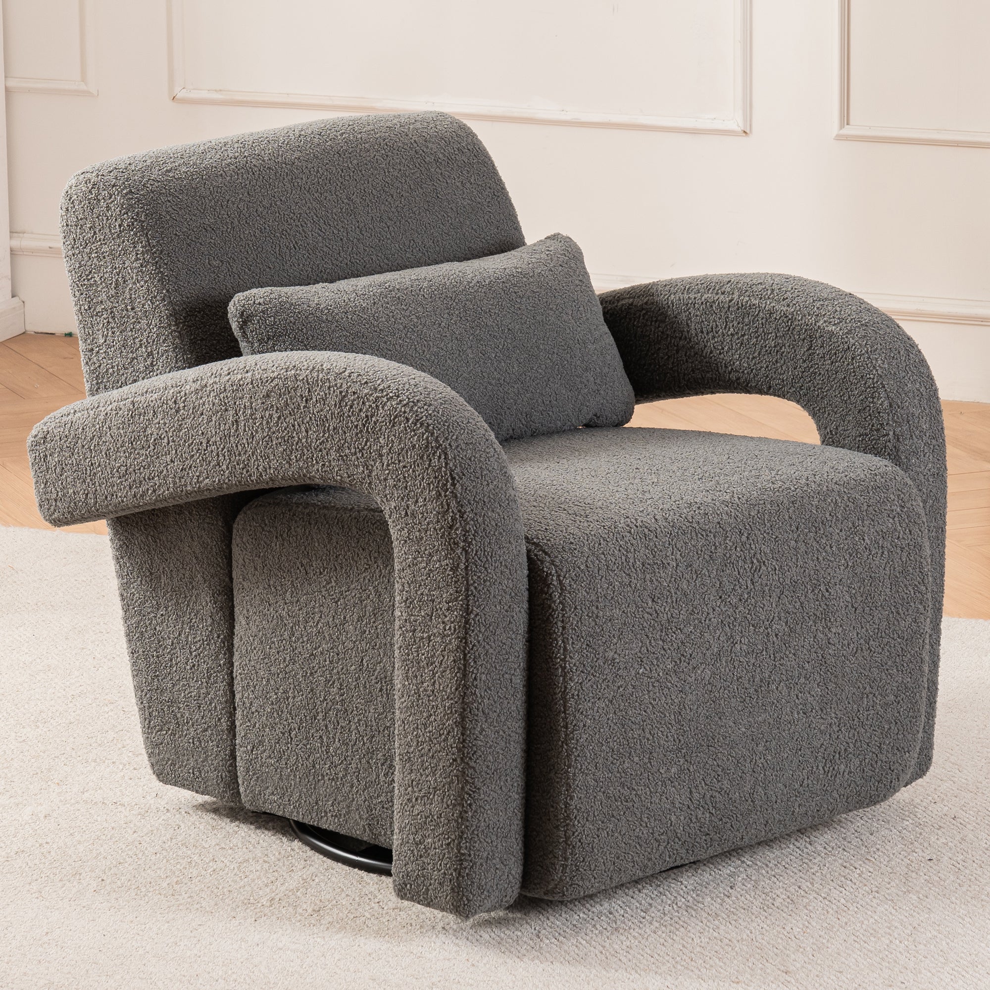 🆓🚛 Cozy Teddy Fabric Armchair - Modern Sturdy Lounge Chair With Curved Arms and Thick Cushioning for Plush Comfort, Dark Gray