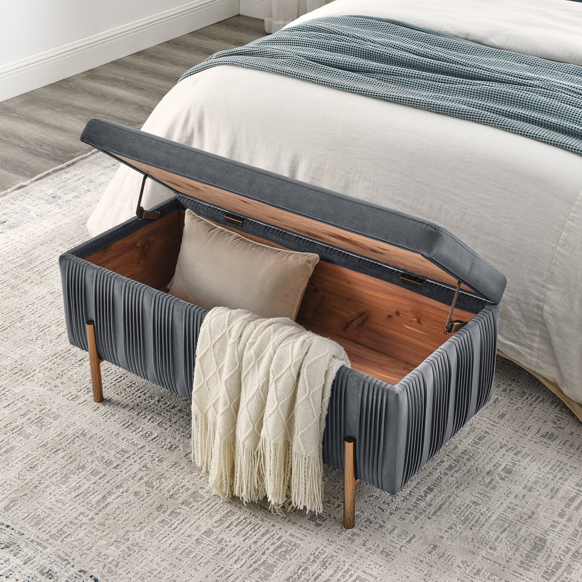 🆓🚛 Elegant Upholstered Velvet Storage Bench With Cedar Wood Veneer, Large Storage Ottoman With Electroplate Iron Legs for Hallway Living Room Bedroom, Gray