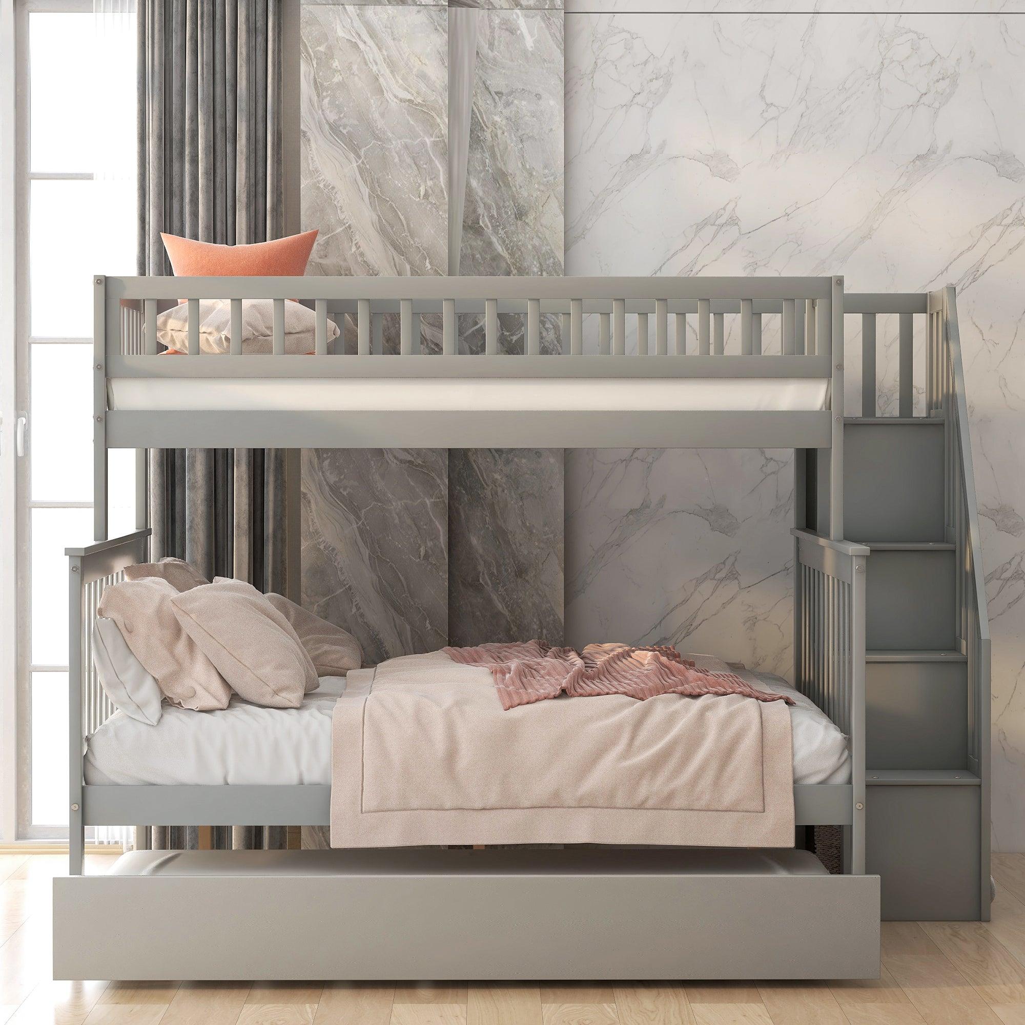 🆓🚛 Twin Over Full Bunk Bed With Trundle & Staircase, Gray