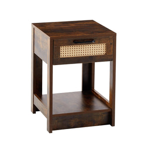 15.75" Rattan End table with  drawer, Modern nightstand, side table for living room, bedroom, Rustic Brown