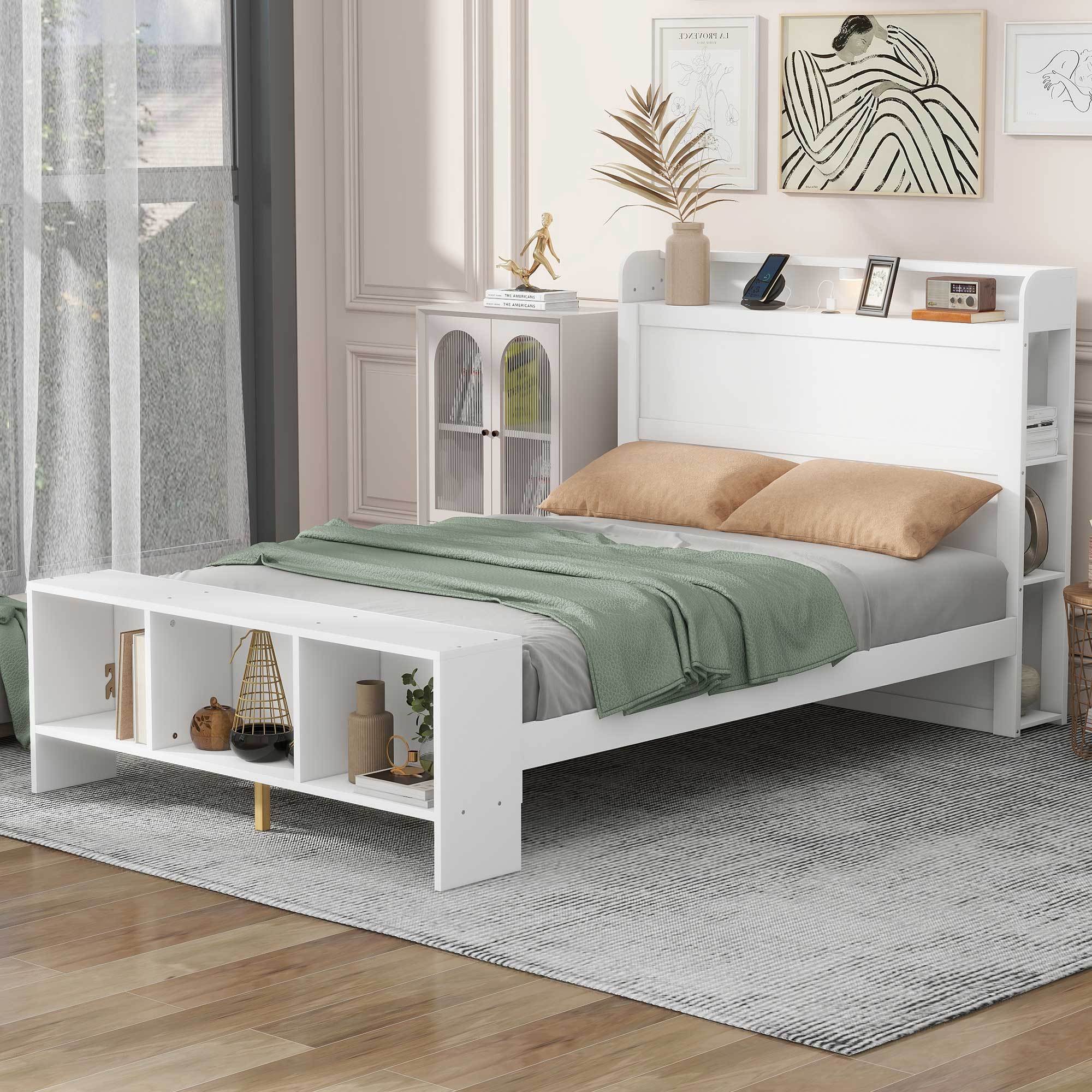 🆓🚛 Full Size Platform Bed With Built-In Shelves, Led Light and Usb Ports, White
