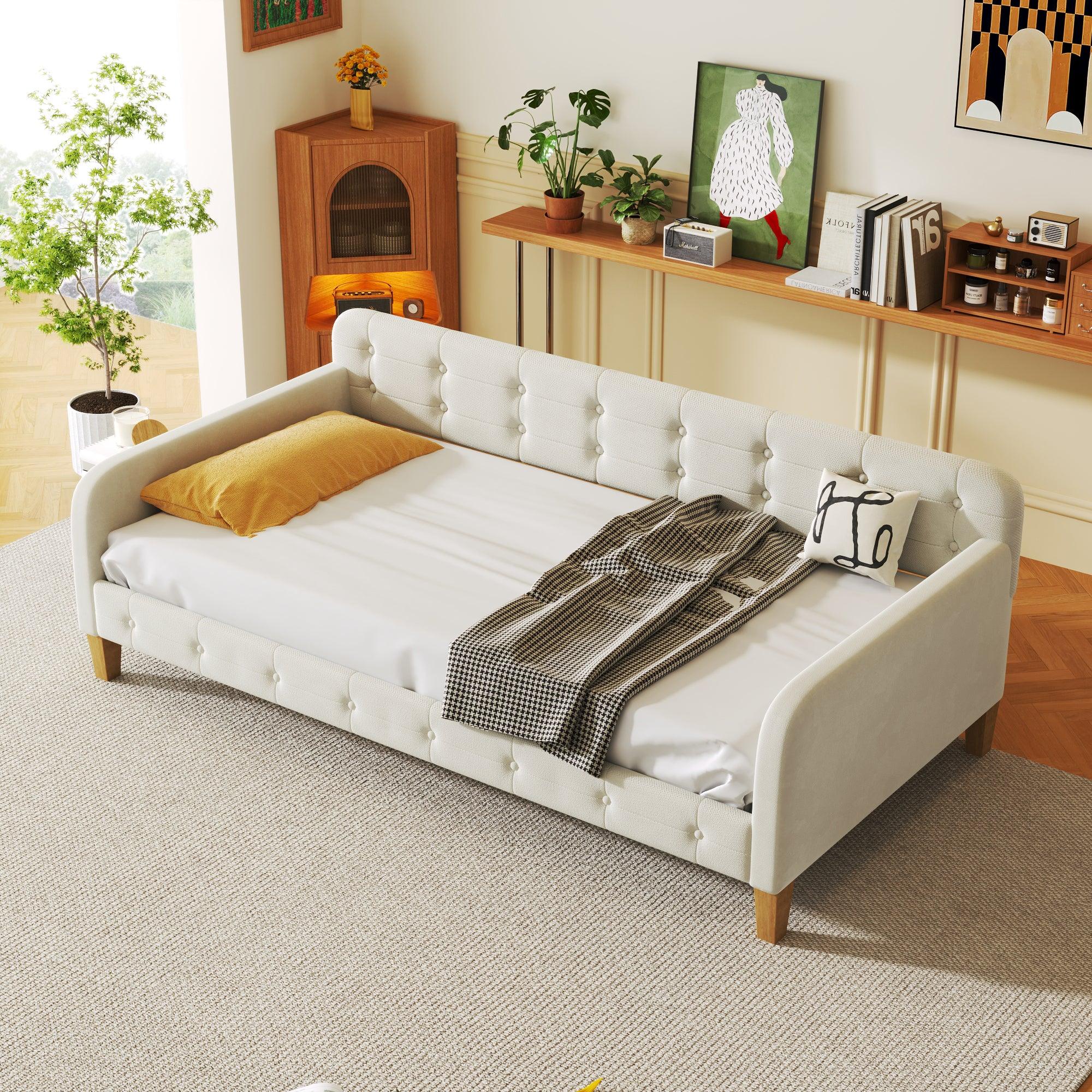 🆓🚛 Twin Size Upholstered Daybed With 4 Support Legs, White