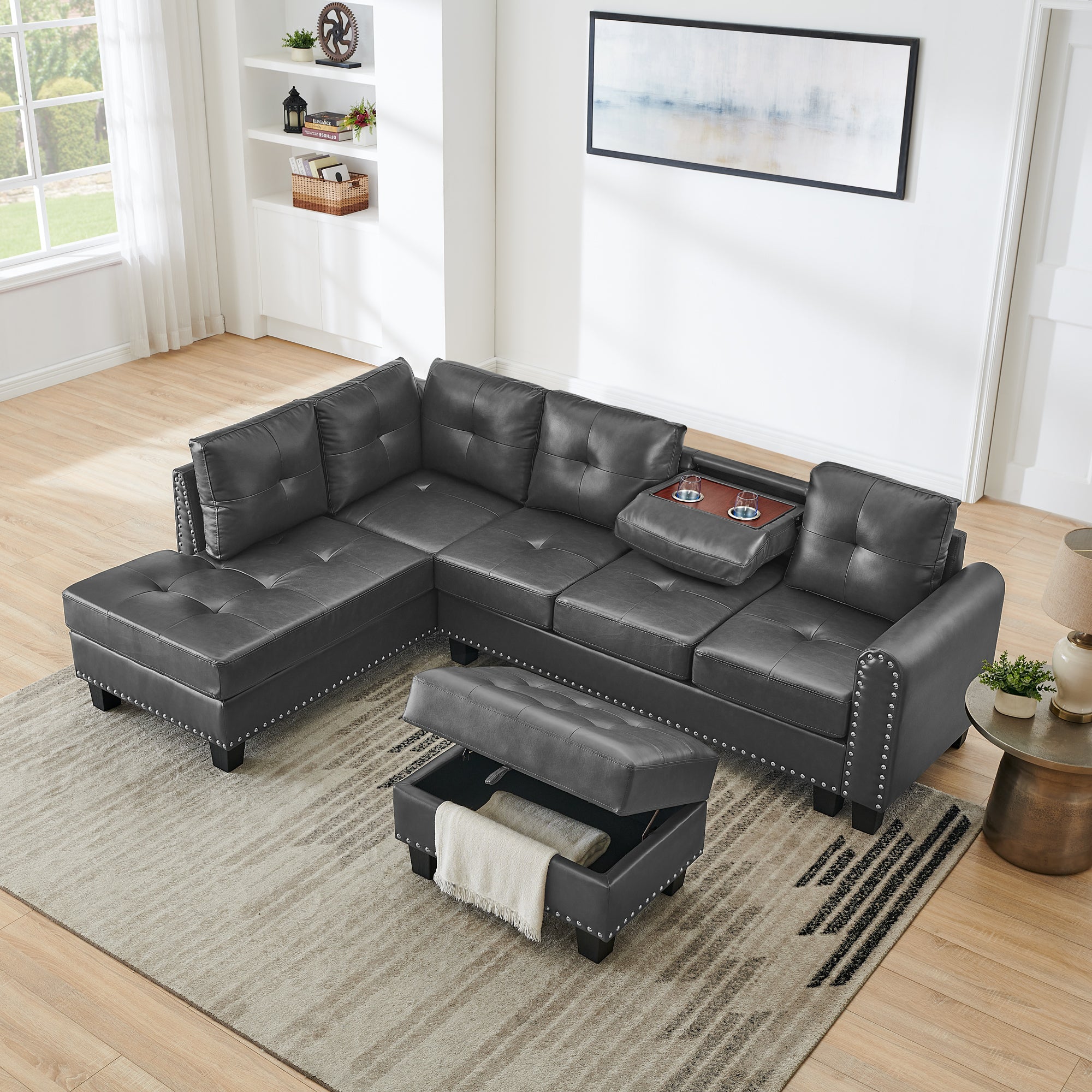 4-5 Seaters L-Shape Sofa, With Storage Ottoman, Pu, Gray