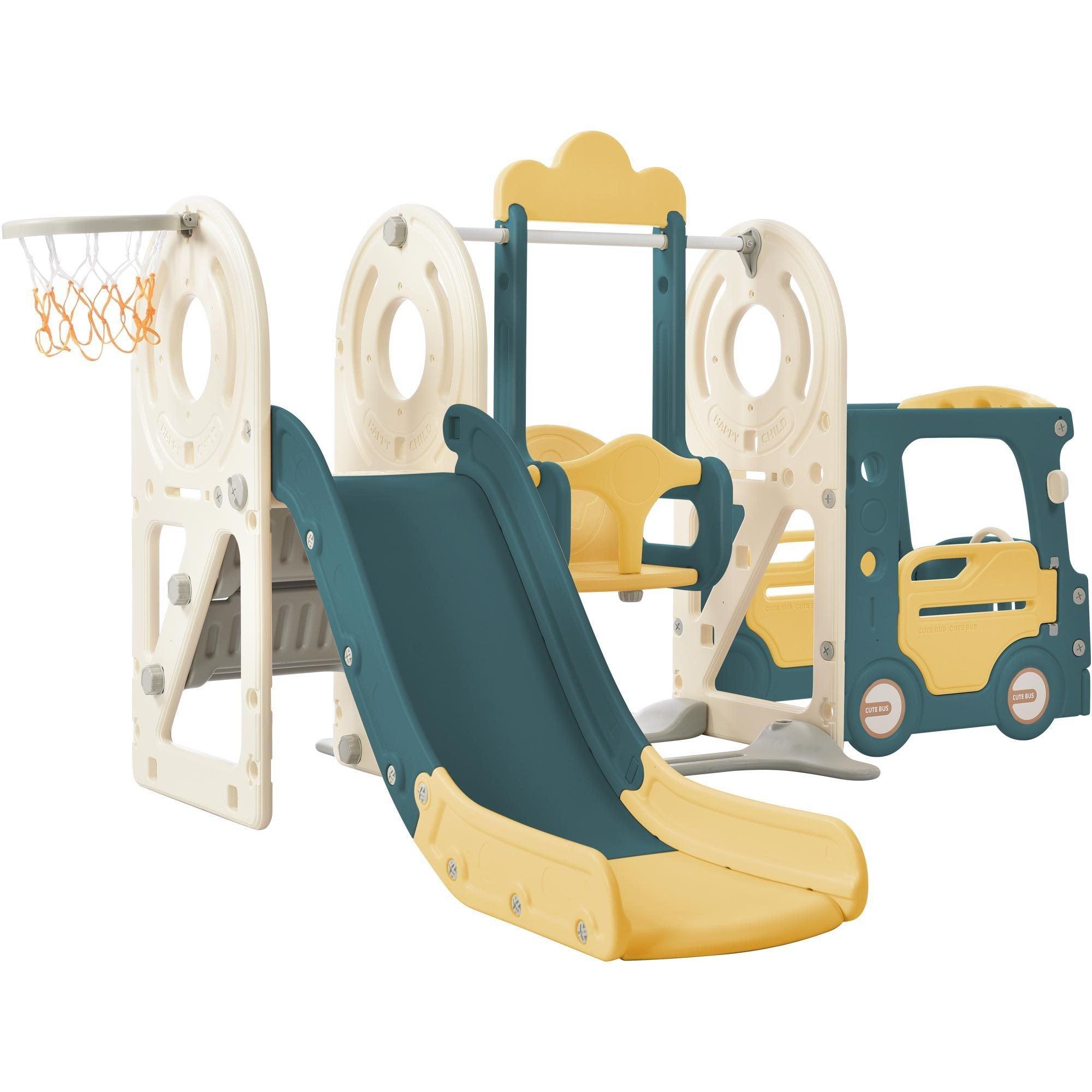 🆓🚛 Kids Swing-N-Slide With Bus Play Structure, Freestanding Bus Toy With Slide&Swing for Toddlers, Bus Slide Set With Basketball Hoop, Blue & Yellow