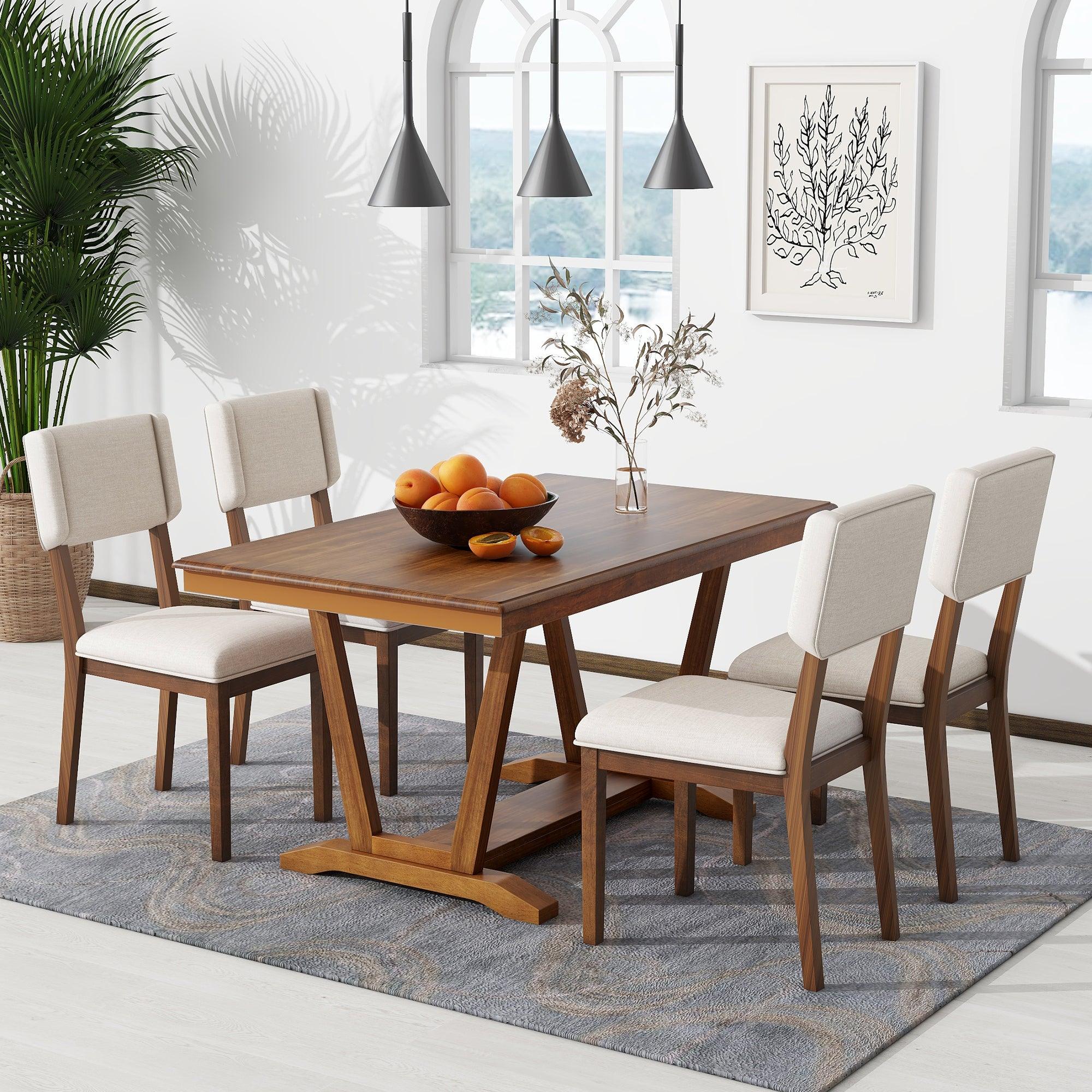 🆓🚛 Rustic 5-Piece Dining Table Set With 4 Upholstered Chairs, 59-Inch Rectangular Dining Table With Trestle Table Base, Walnut