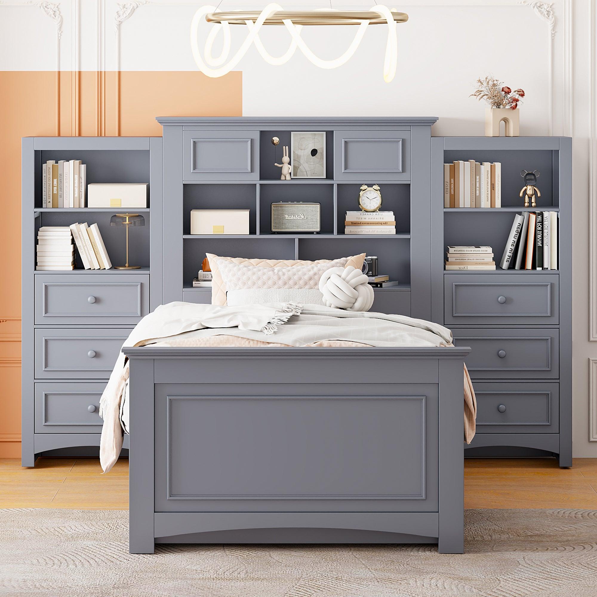 🆓🚛 Twin Size Wood Platformbed With Vertical All-in-One Cabinet & 4 Drawers On Each Side, Gray