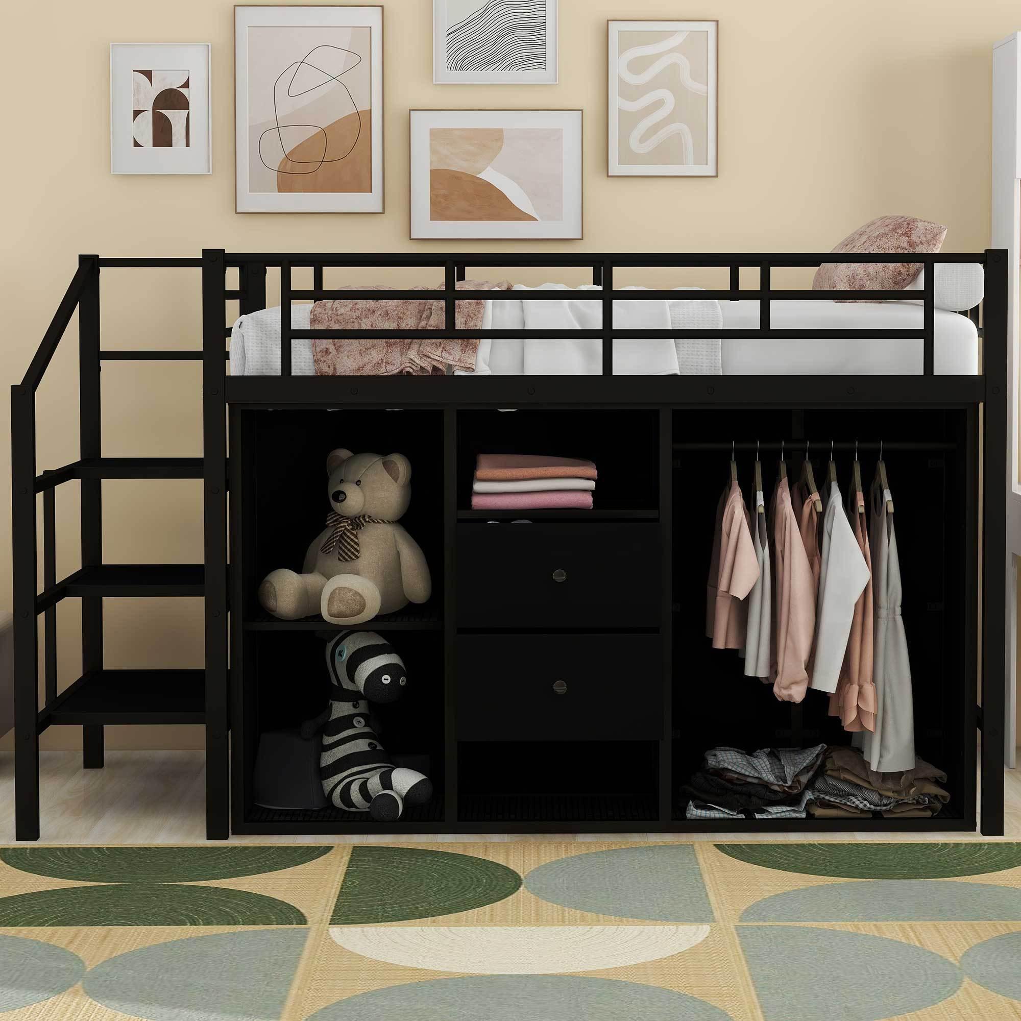 🆓🚛 Twin Size Metal Loft Bed With Drawers, Storage Staircase & Small Wardrobe