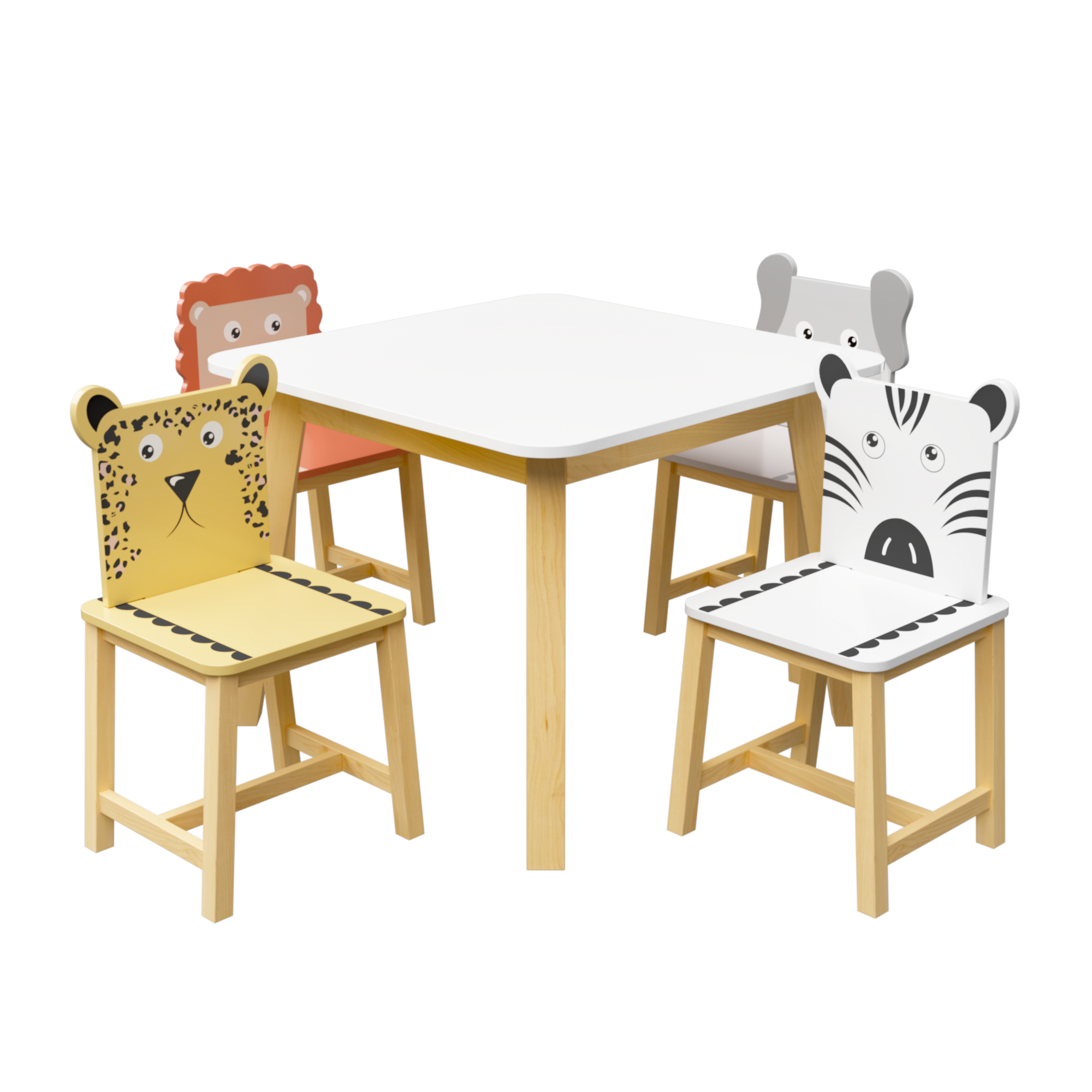 Kids Wood Table and Chair Set with Cartoon Animals Design, White Solid Wood & MDF Furniture for Ages 3-8, 5-Piece Table and Chair Set