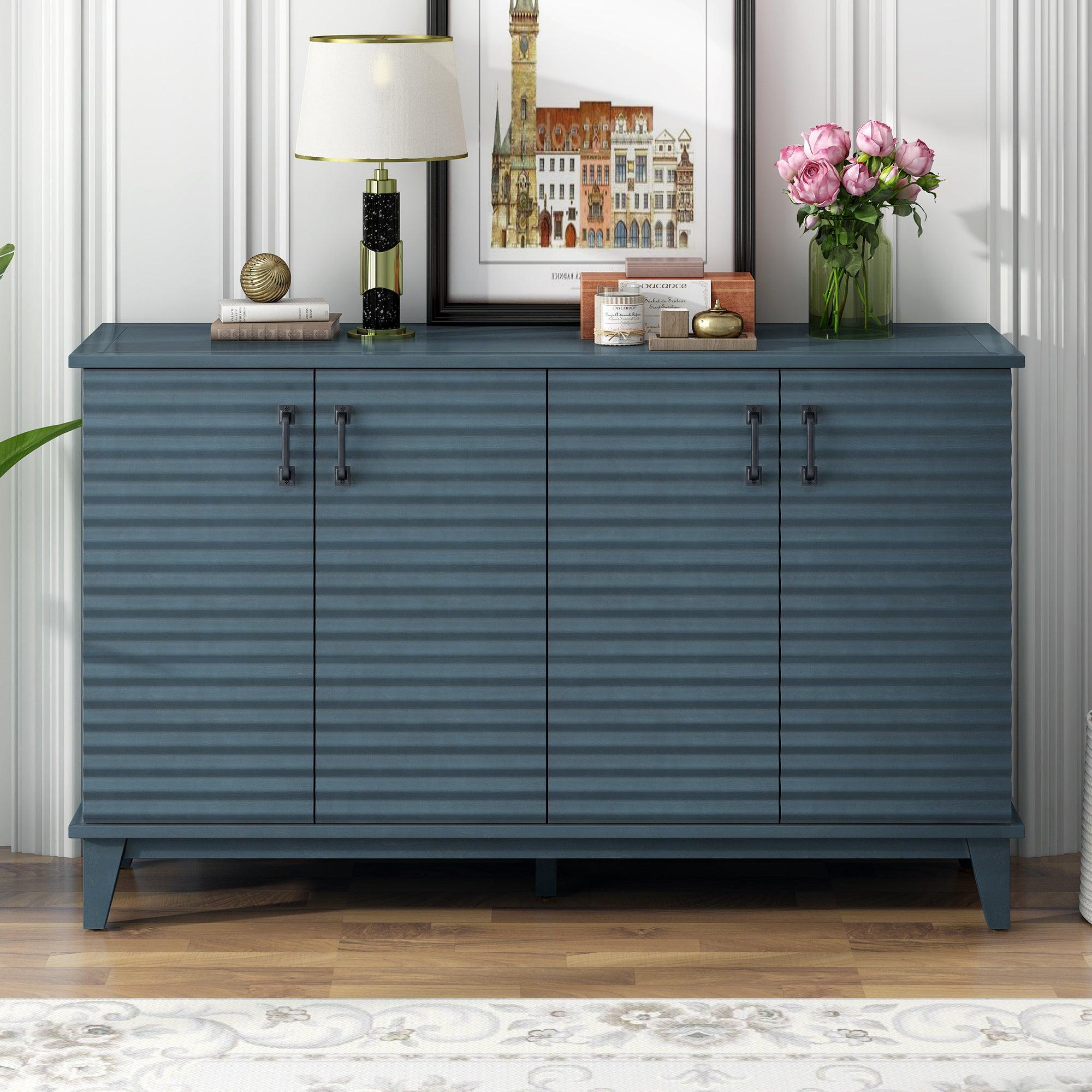 🆓🚛 Sideboard With 4 Door Large Storage Buffet With Adjustable Shelves & Metal Handles for Kitchen, Living Room, Dining Room (Navy)