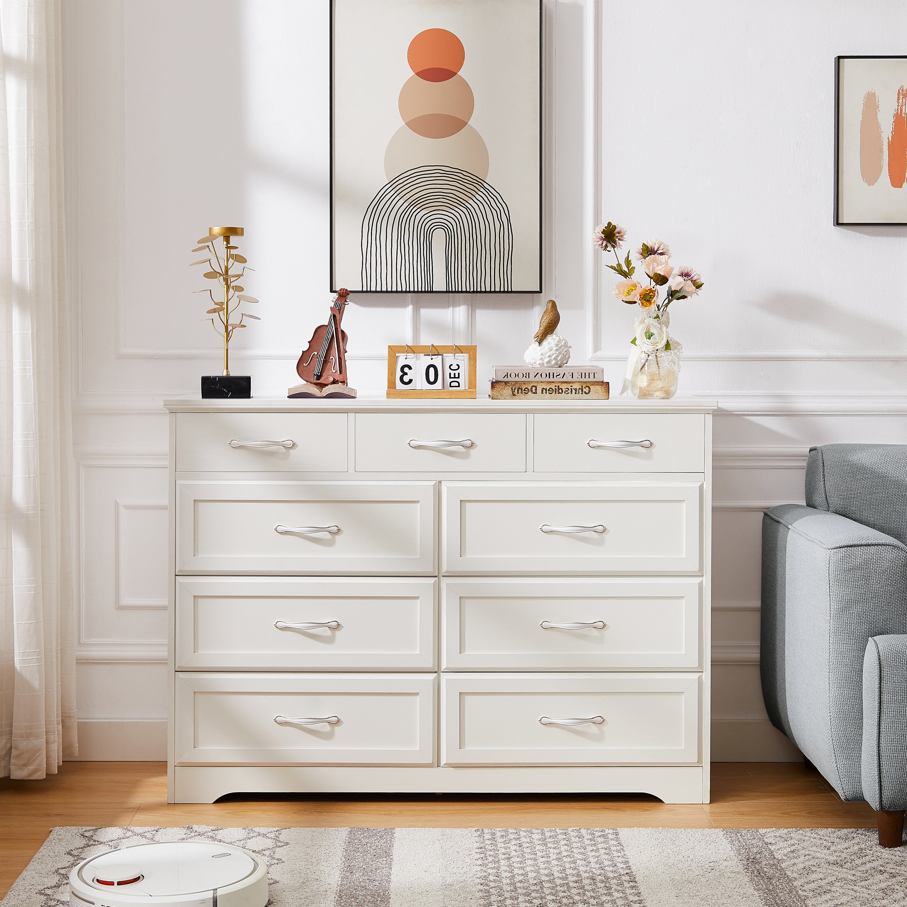 🆓🚛 Bedroom Dresser, 9 Drawer Long Dresser With Antique Handles, Wood Chest of Drawers for Kids Room, Living Room, Entry and Hallway, White, 47.56''W X 15.75''D X 34.45''H.