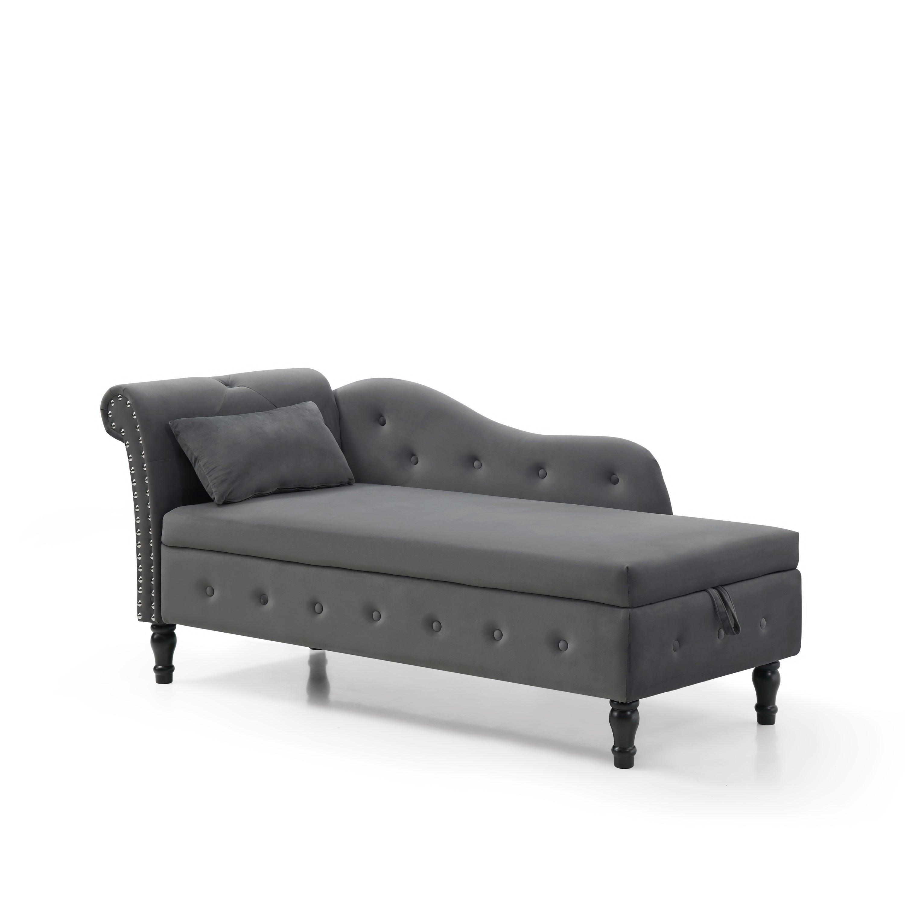 60" Velvet Multifunctional Storage Chaise Lounge Buttons Tufted Nailhead Trimmed Solid Wood Legs with 1 Pillow, Grey